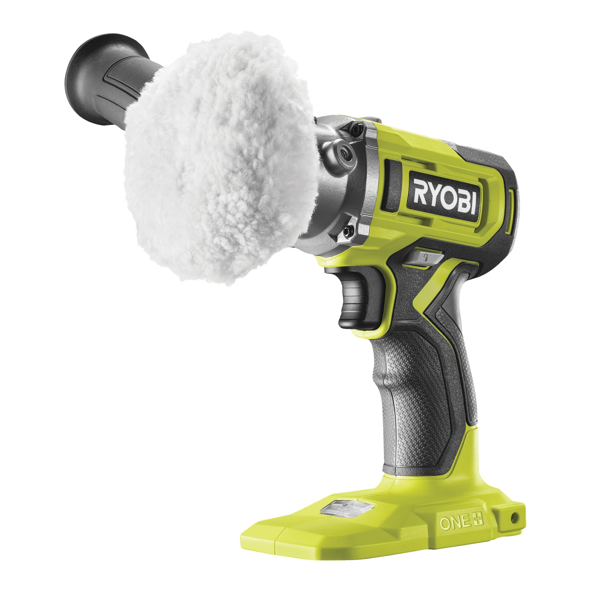 En Ryobi One+ Polisher/detaljslipare RDP18-0 med en livfull grön och svart design, utrustad med en vit poleringsdyna och ett svart sidohandtag för poleringsuppgifter. Enheten visas utan att batteriet är anslutet.