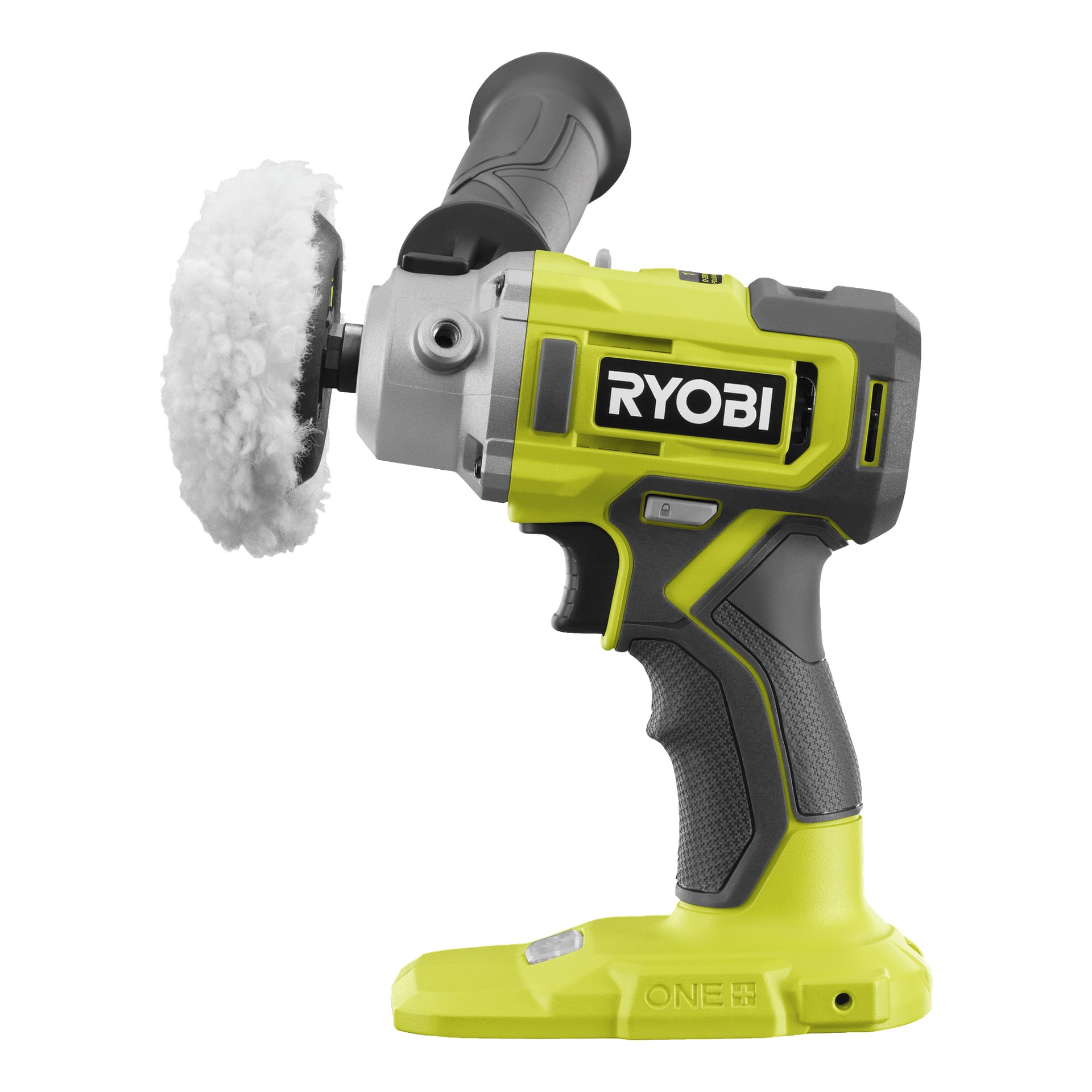 En Ryobi One+ RDP18-0 handhållen polerare och detaljslipmaskin med ett klargult och grått hölje, svart grepp, hjälphandtag och en vit poleringsdyna fäst framtill.