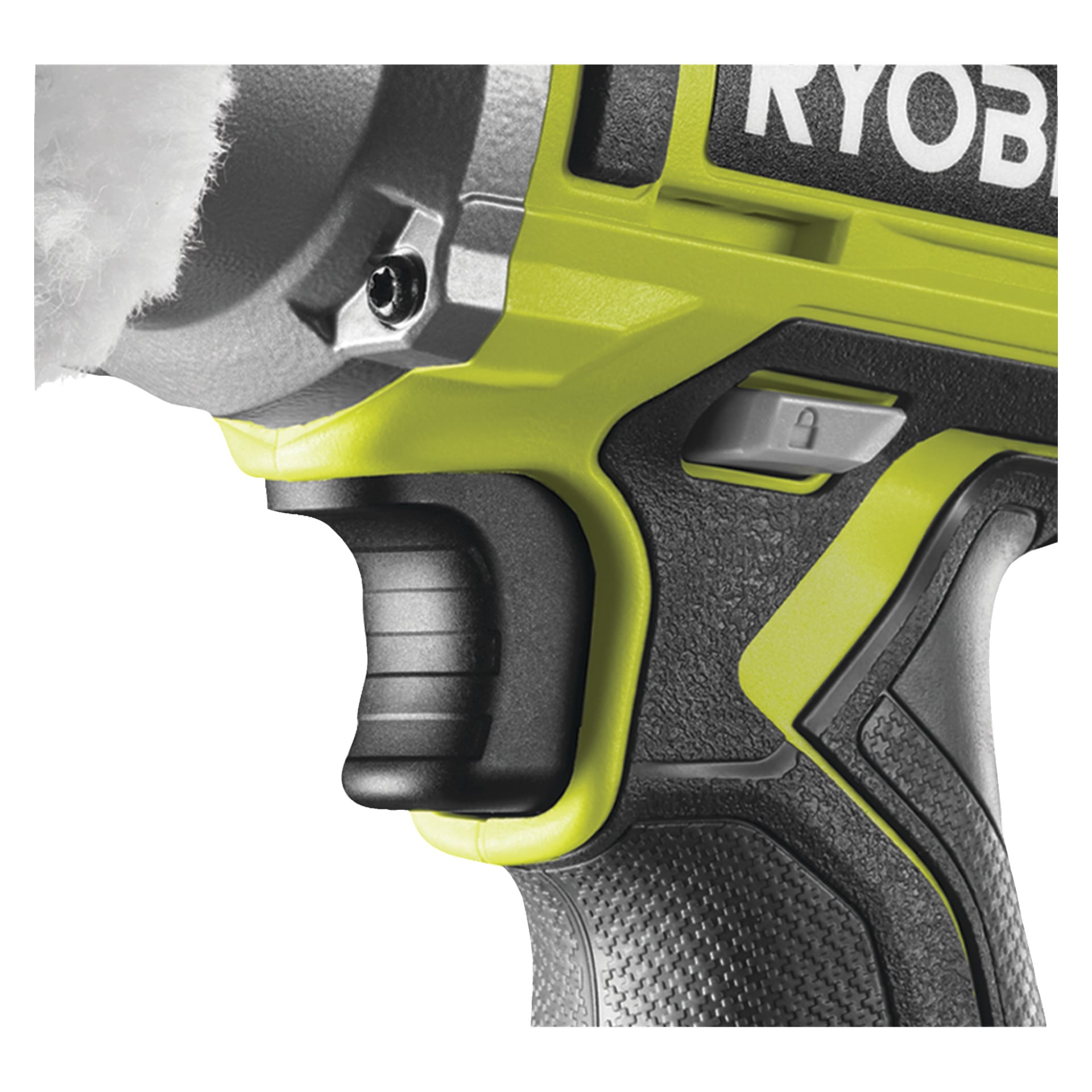 En närbild av Ryobi One+ Polisher/detaljslipare RDP18-0 visar den svarta avtryckaren, ett gult och svart handtag, en del av verktygets kropp med en synlig skruv och "RYOBI"-märkningen.