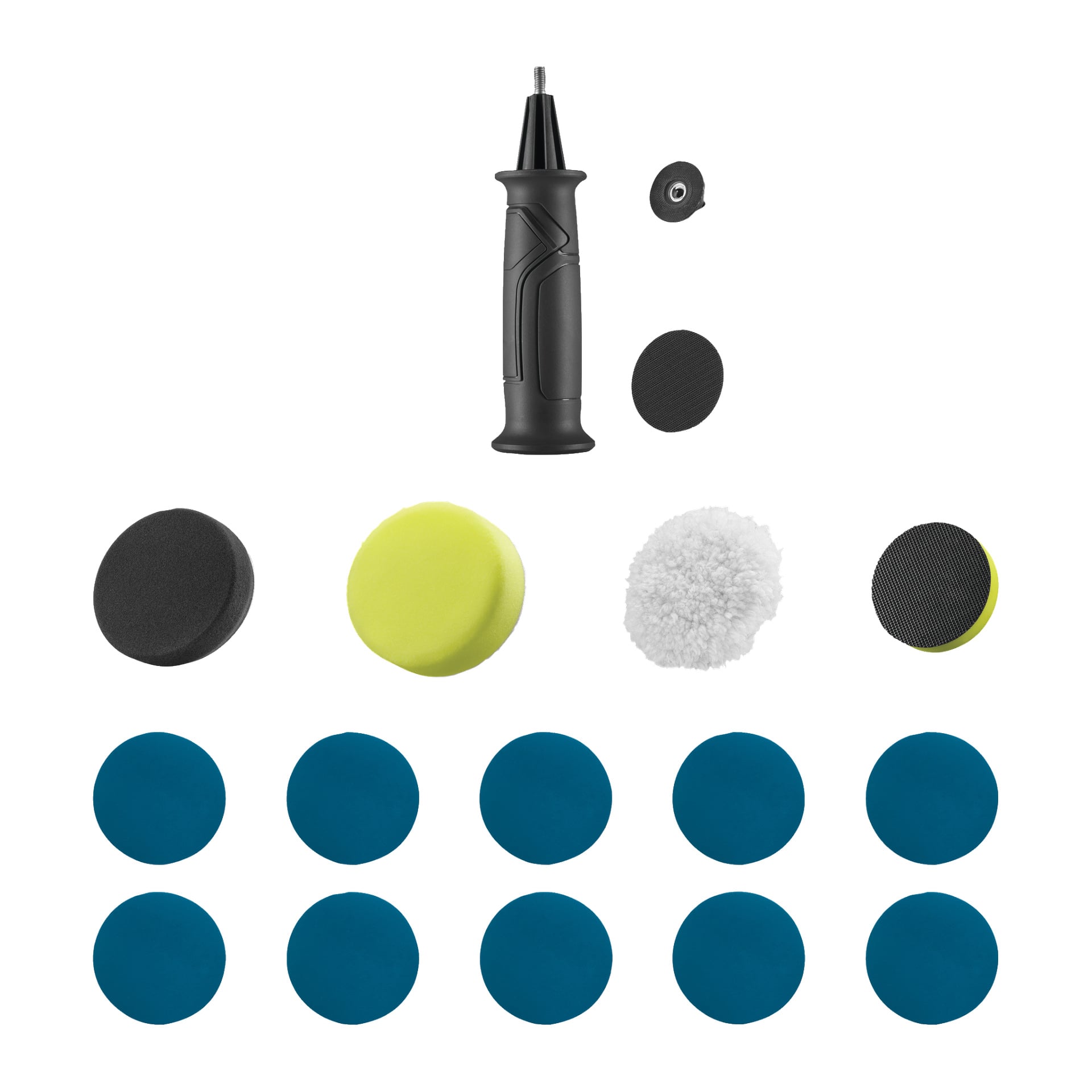 Ryobi One+ Polisher/detaljslipare RDP18-0, en handhållen enhet med ergonomiskt handtag, visas med runda polerings- och poleringspads i svart, gult, vitt och blått tillsammans med ett litet tillbehörstillbehör, allt prydligt organiserat tillsammans.