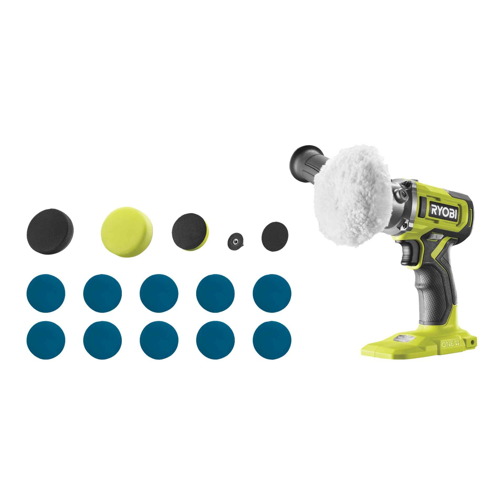En Ryobi One+ Polisher/detaljslipare RDP18-0 med en vit poleringsdyna fäst, visad bredvid flera runda poleringspads i svart, gult och blått, prydligt arrangerade i två rader.