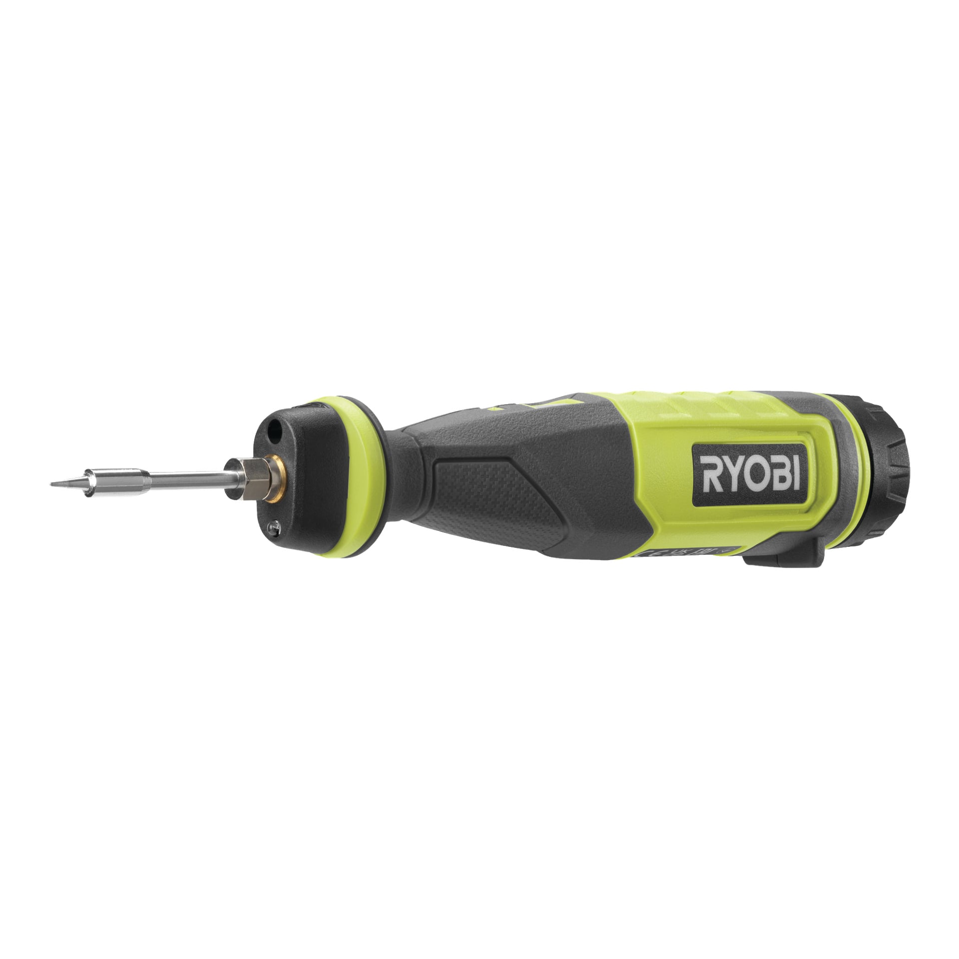 Lutownica Ryobi USB zasilana bateriami litowymi (RSI4-0) z czarno-zielonym uchwytem i srebrnym metalowym trzonkiem, widziana z boku.