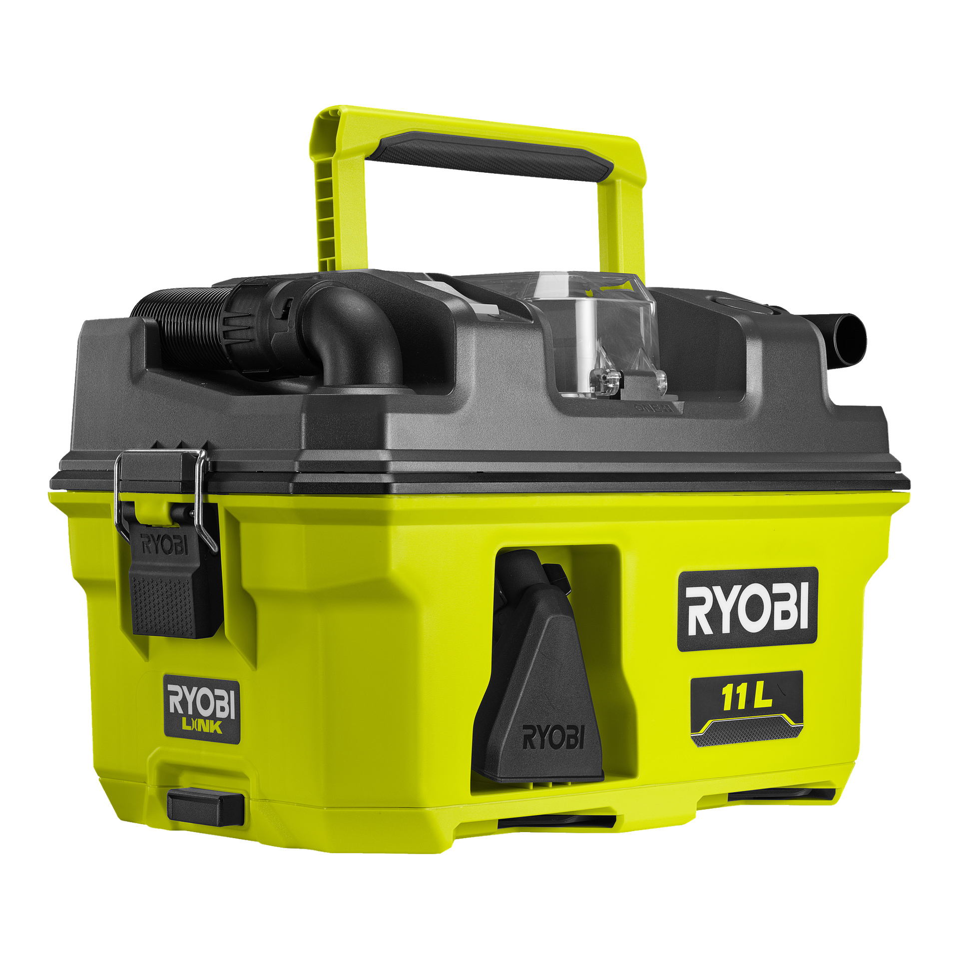 En gul og svart Ryobi One+ batteridrevet støvsuger, modell RV1811-0, med en kapasitet på 11 liter. Den har et solid håndtak, slangefeste, og viser Ryobi-merke både foran og på siden.