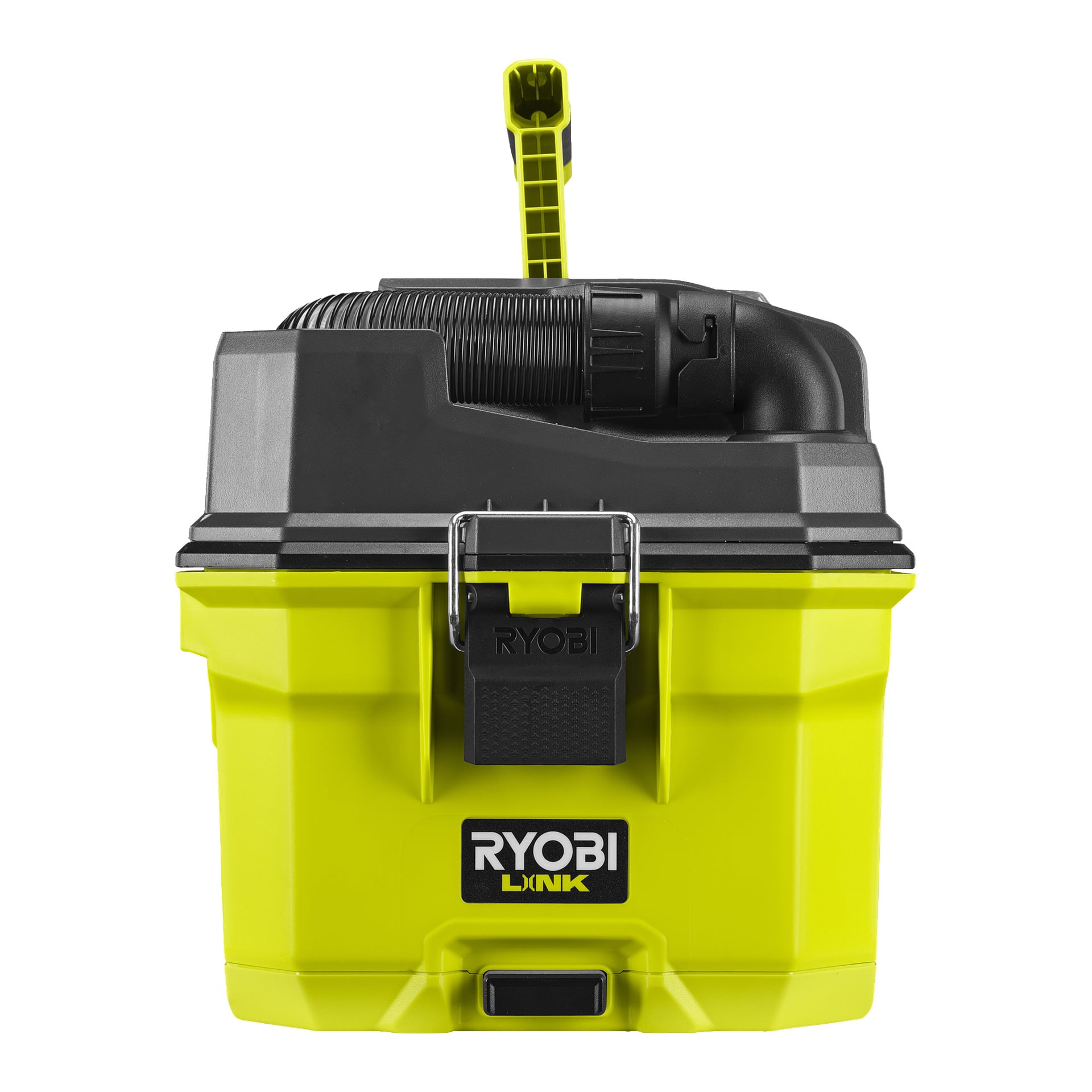 En knallgul Ryobi One+ batteridrevet støvsuger, modell RV1811-0, med svart håndtak, toppslangefeste, sikre låser og Ryobi-logoen vist foran. Vakuumet har en rektangulær form.