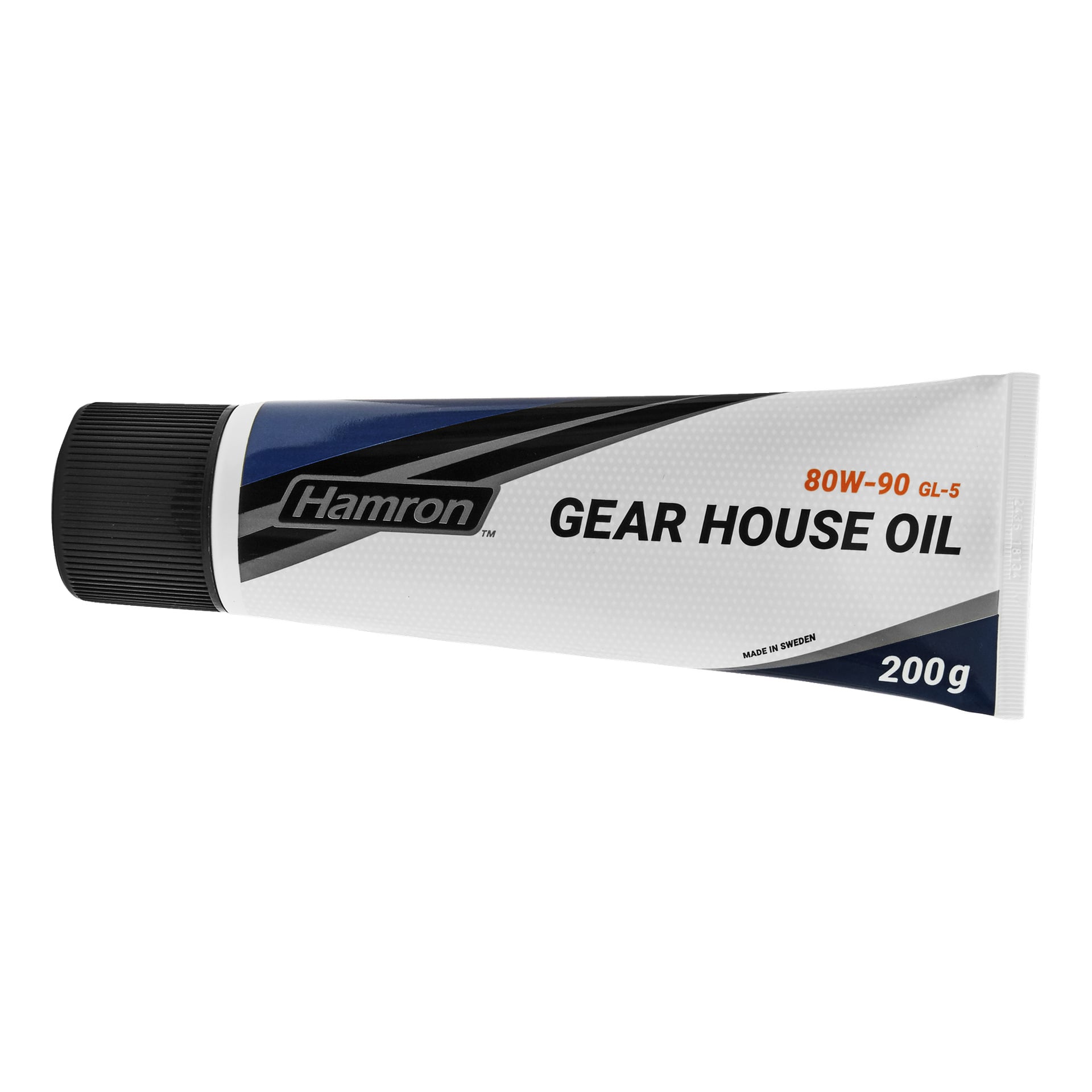 Ett 200 g rör Hamron Gear Housing Oil med svart lock och förpackning i blått, svart och vitt, märkt 80W-90 GL-5 och märkt som tillverkat i Sverige.