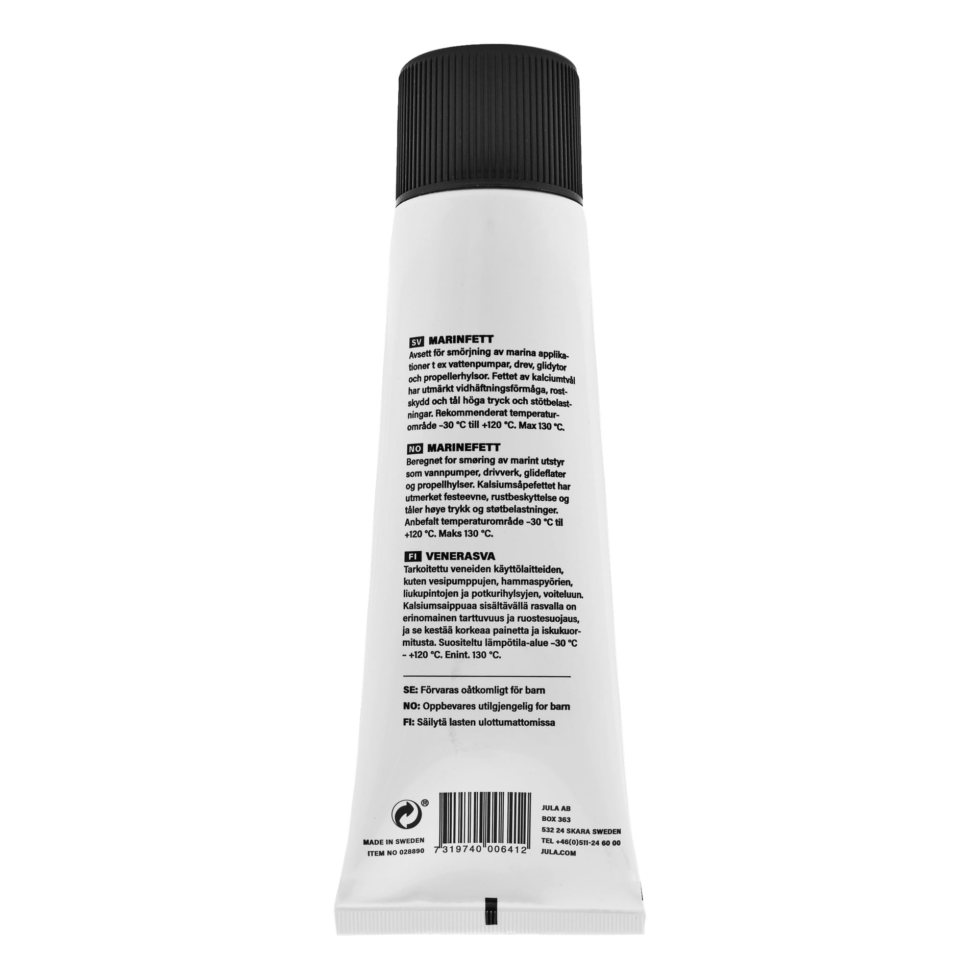 En hvit tube merket Hamron Marine Grease med svart tekst som viste produktdetaljer og bruksanvisning. Det oppreiste røret har en riflet hvit hette nederst.