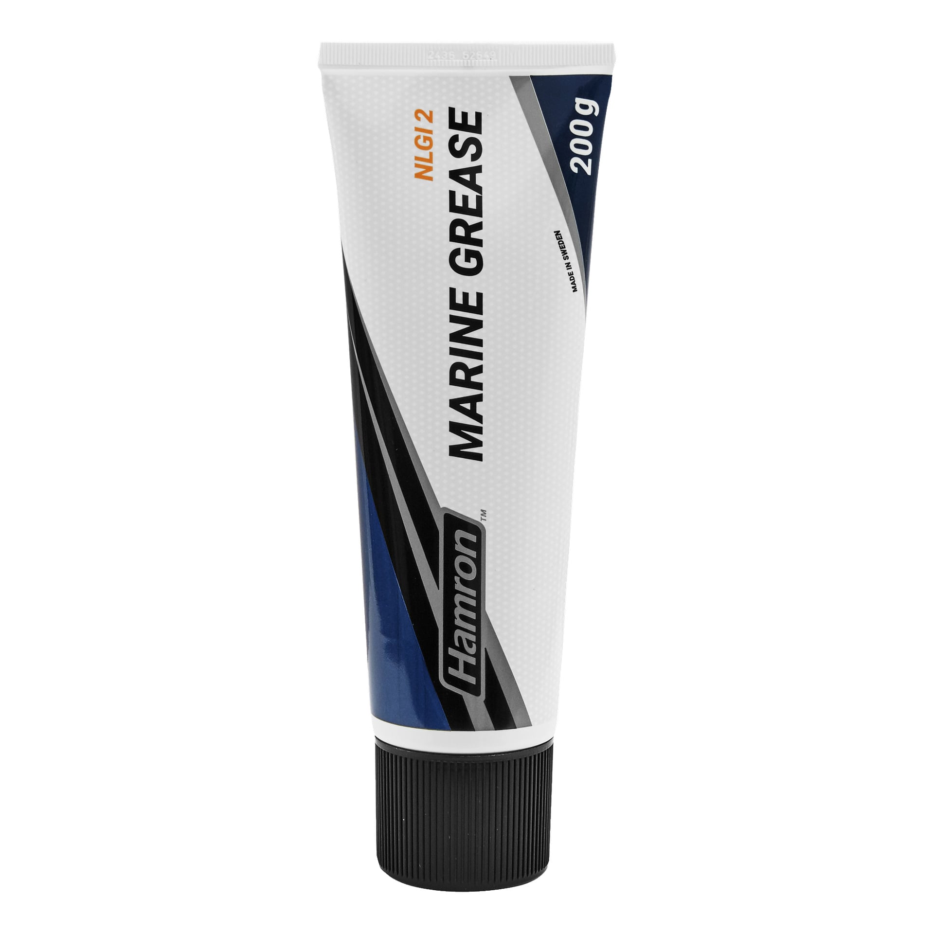 En 200g tube Hamron Marine Grease med fargevalg i svart, blått, hvitt og sølv. Etiketten viser "NLGI 2" i oransje og inneholder produktdetaljer i svart. Røret har en svart hette.