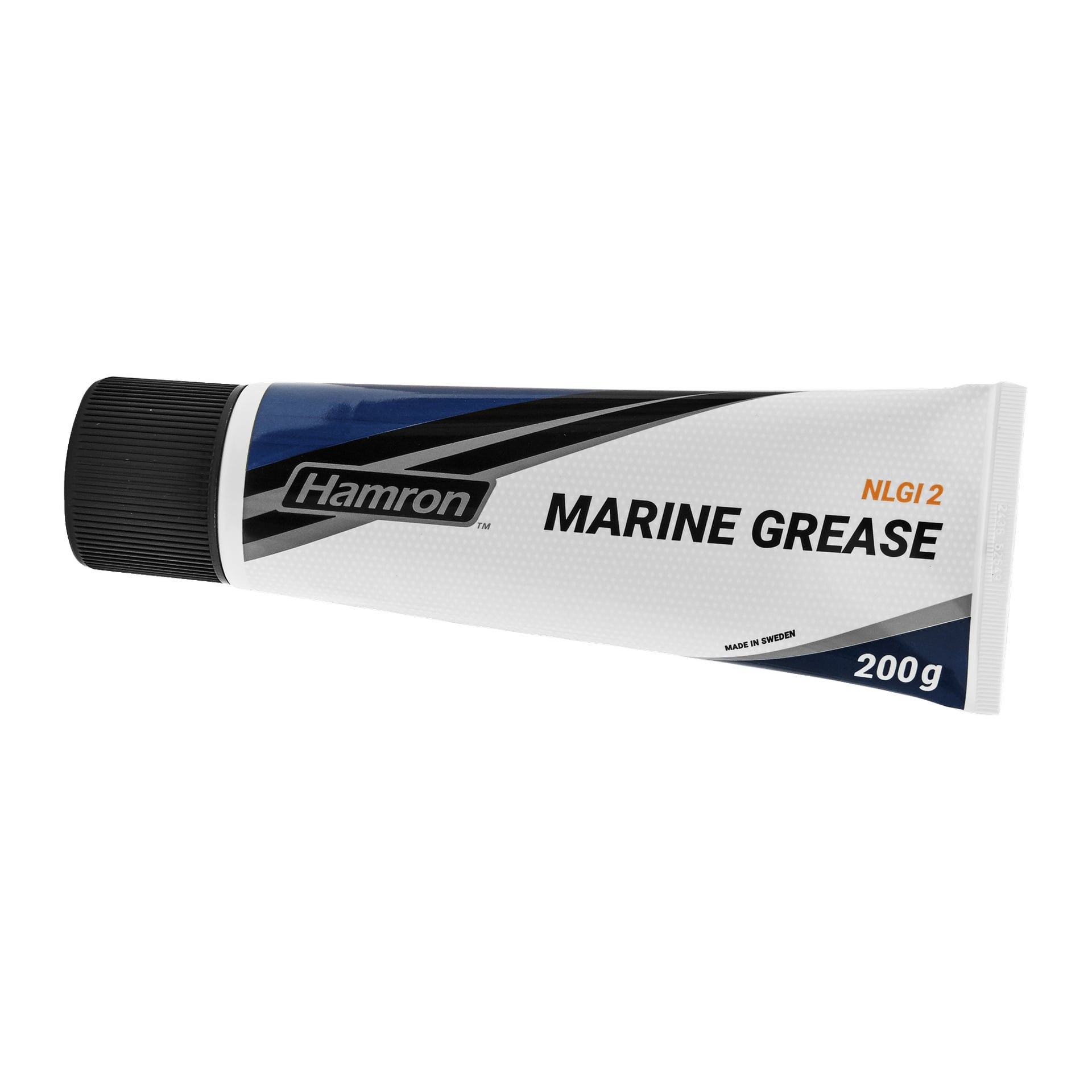 En 200 g tube Hamron Marine-fett merket NLGI2 vises. Det for det meste hvite røret har designdetaljer i svart, blått og grått, og det er toppet med en svart hette. Uttrykket «Made in Sweden» er trykt nær bunnen.