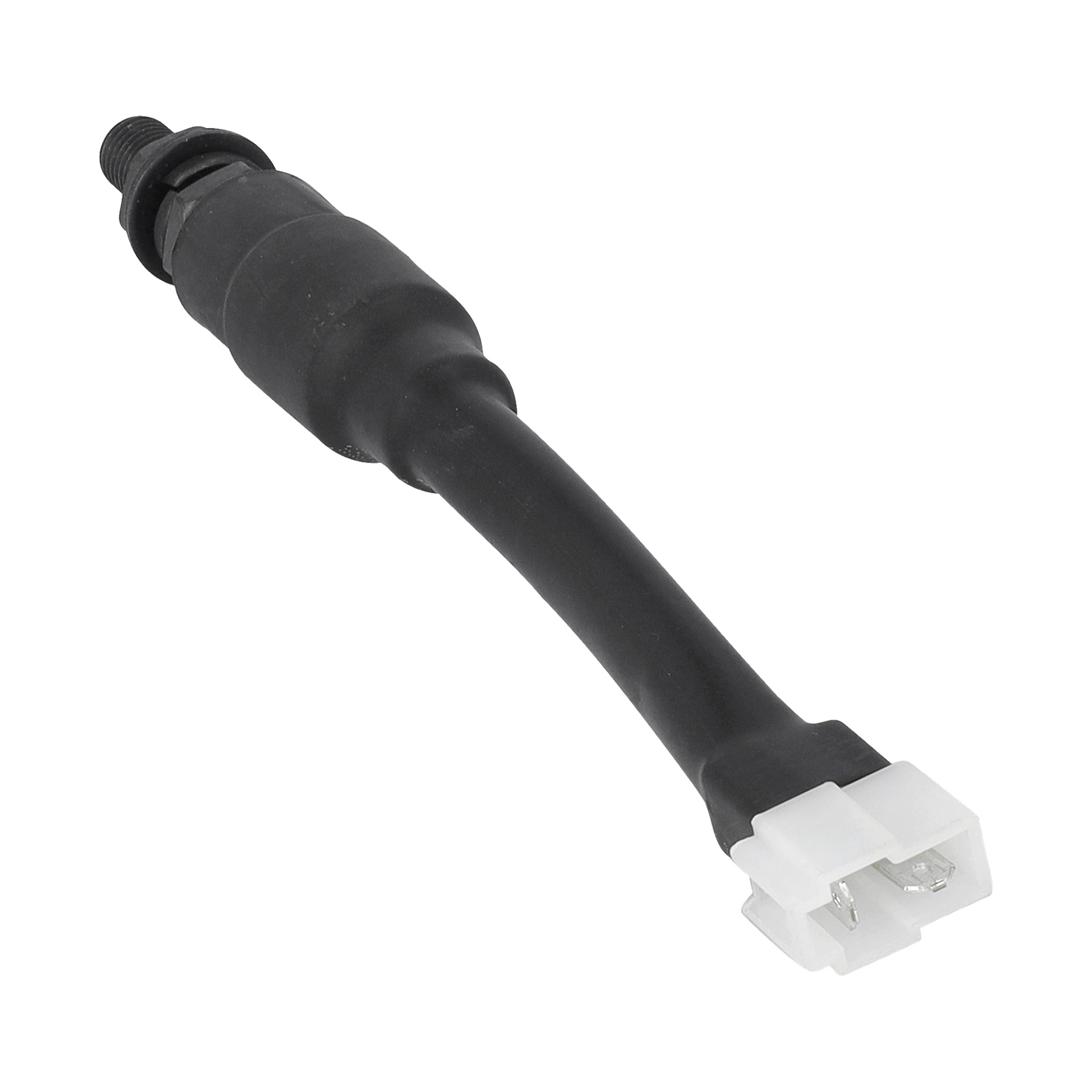 En gräsklipparbromssensor med svart ledning, cylindrisk sensor i ena änden och en vit tvåpolig plastkontakt i den andra.