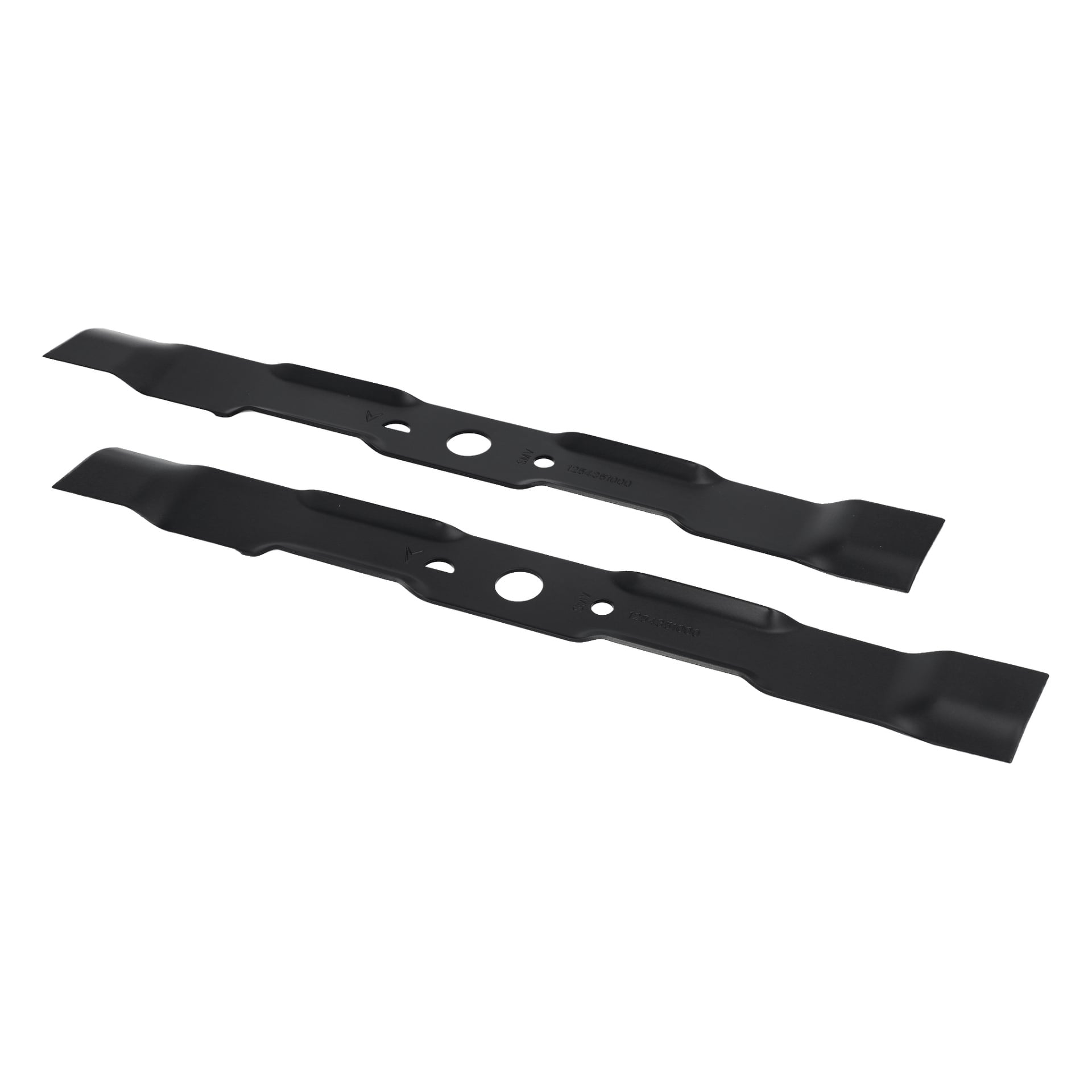 To svartmetallblader med gressklippere med flere hull og skrå kanter for effektiv klipping, utstilt side om side.