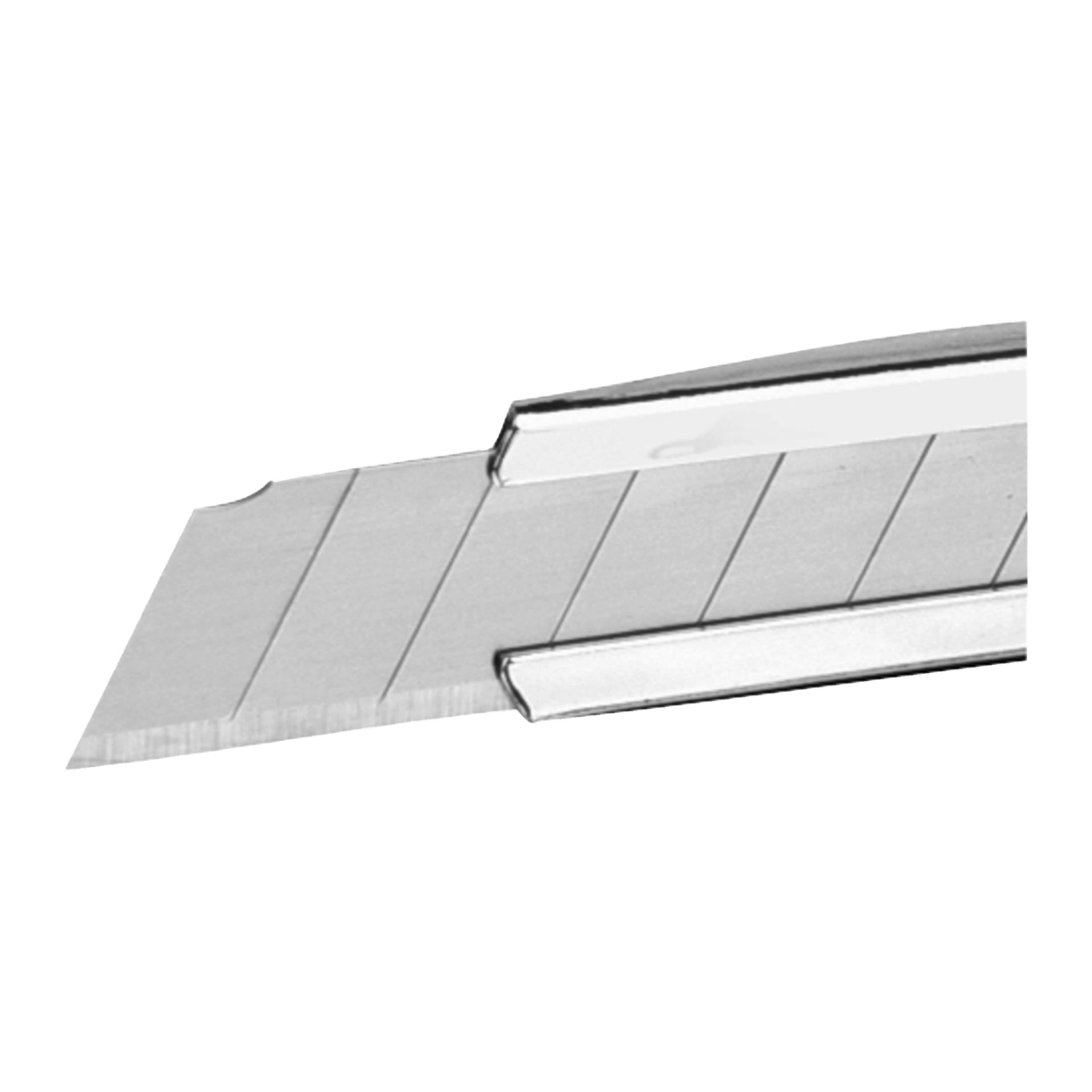 Närbild på en Meec Tools Snap-off bladkniv, som visar ett segmenterat metallblad delvis utsträckt från sin metallhållare. Fokus ligger på bladets skärpa.