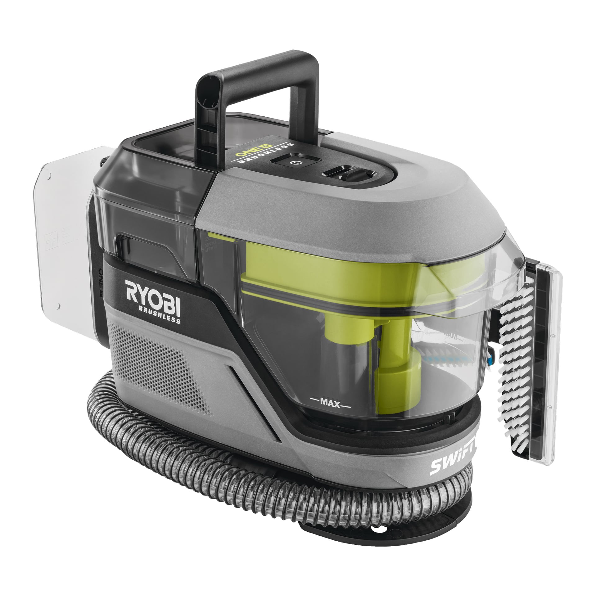 En grå og grønn Ryobi One+ Swift Clean RDC18BL trådløs flekkfjerner med klar støvbeholder, bærehåndtak, integrert slange og en rengjøringsbørste på siden.