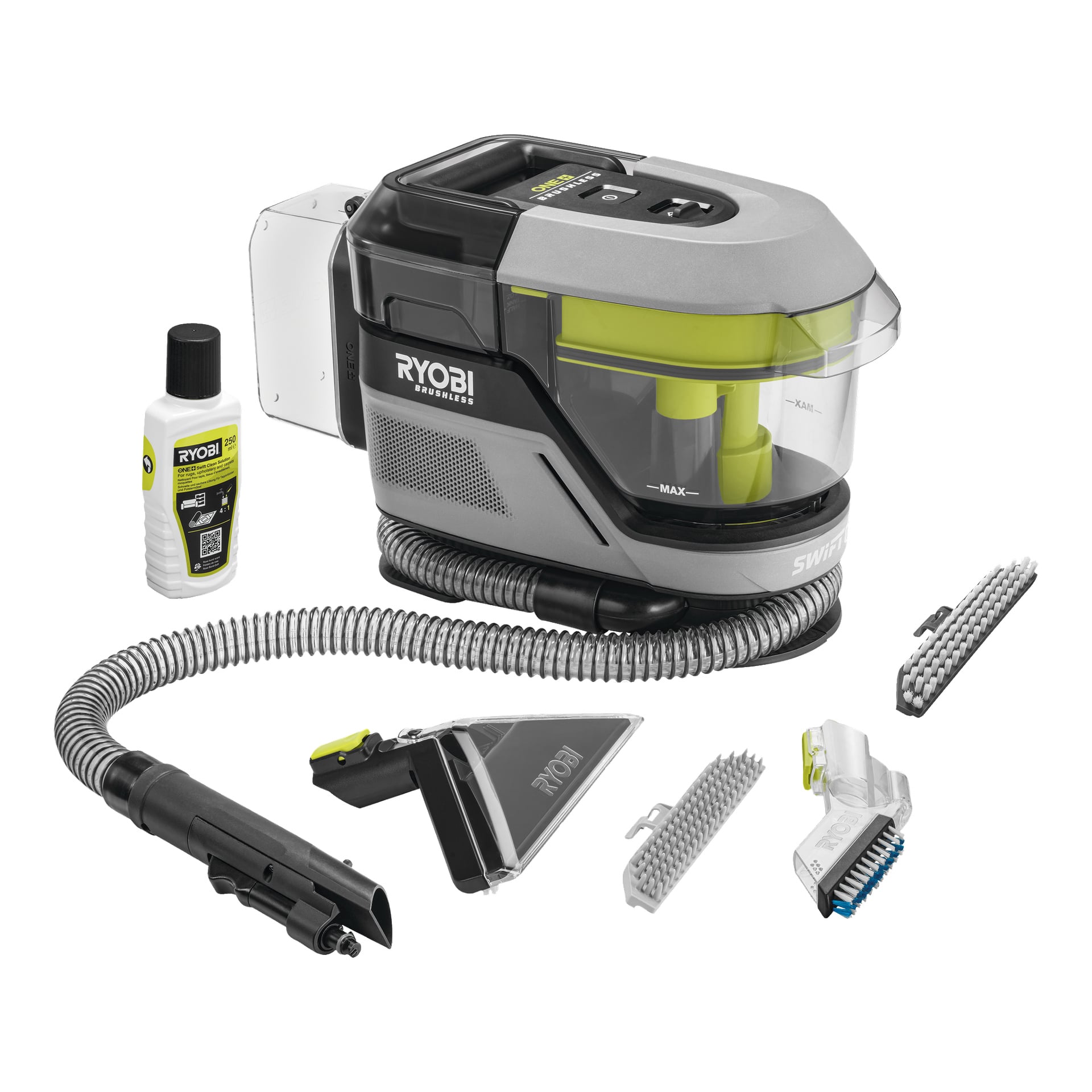 Ryobi One+ batteridrevne flekkfjerner Swift Clean RDC18BL vises med en flaske rengjøringsformel, en hageslange, skrå og flate dysetilbehør, og to forskjellige børstehoder.
