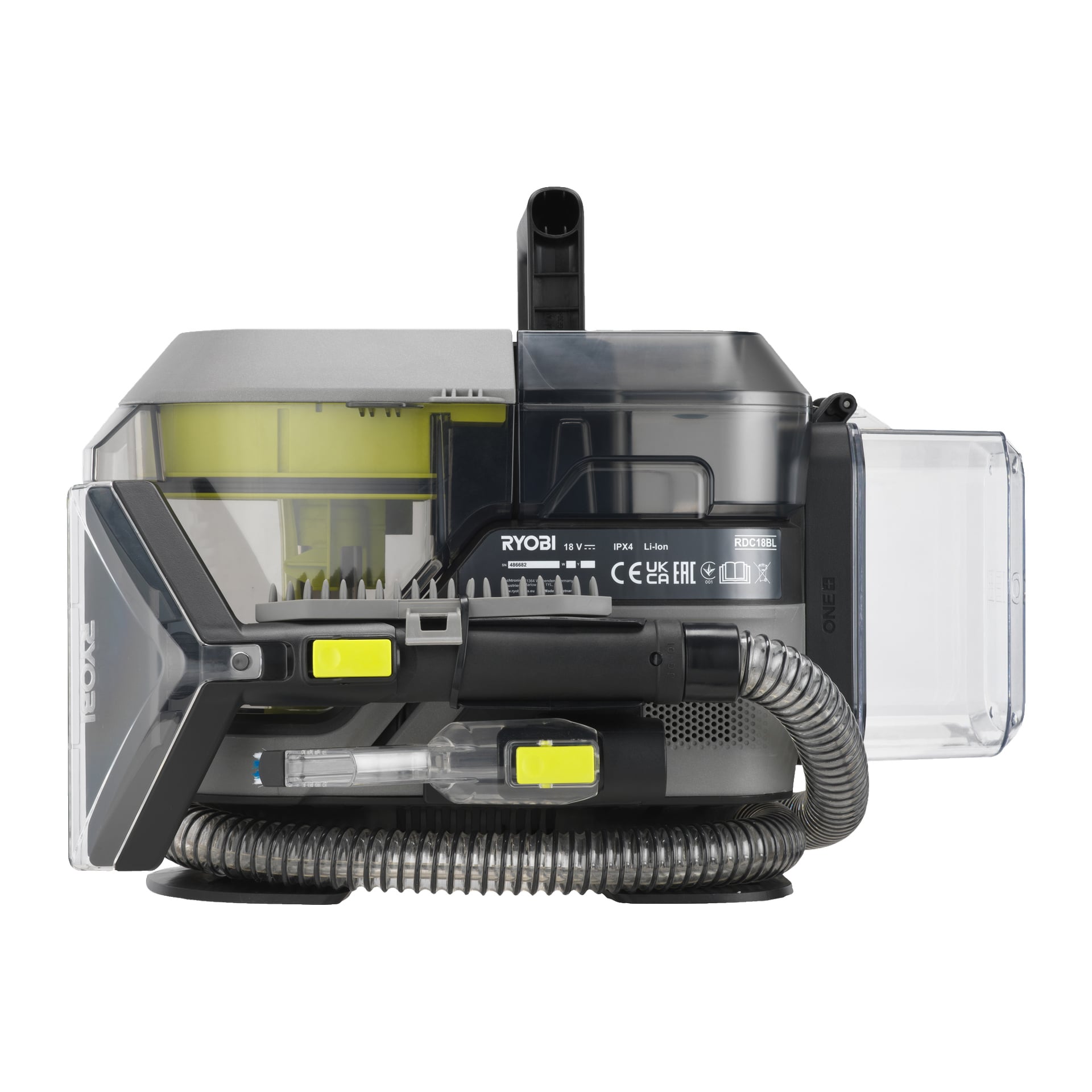En kompakt Ryobi One+ Swift Clean RDC18BL flekkfjerner med gjennomsiktig vanntank, svart hageslange og gule striper. Enheten sees fra siden, med rengjøringsdysen festet og slangen rullet opp foran.