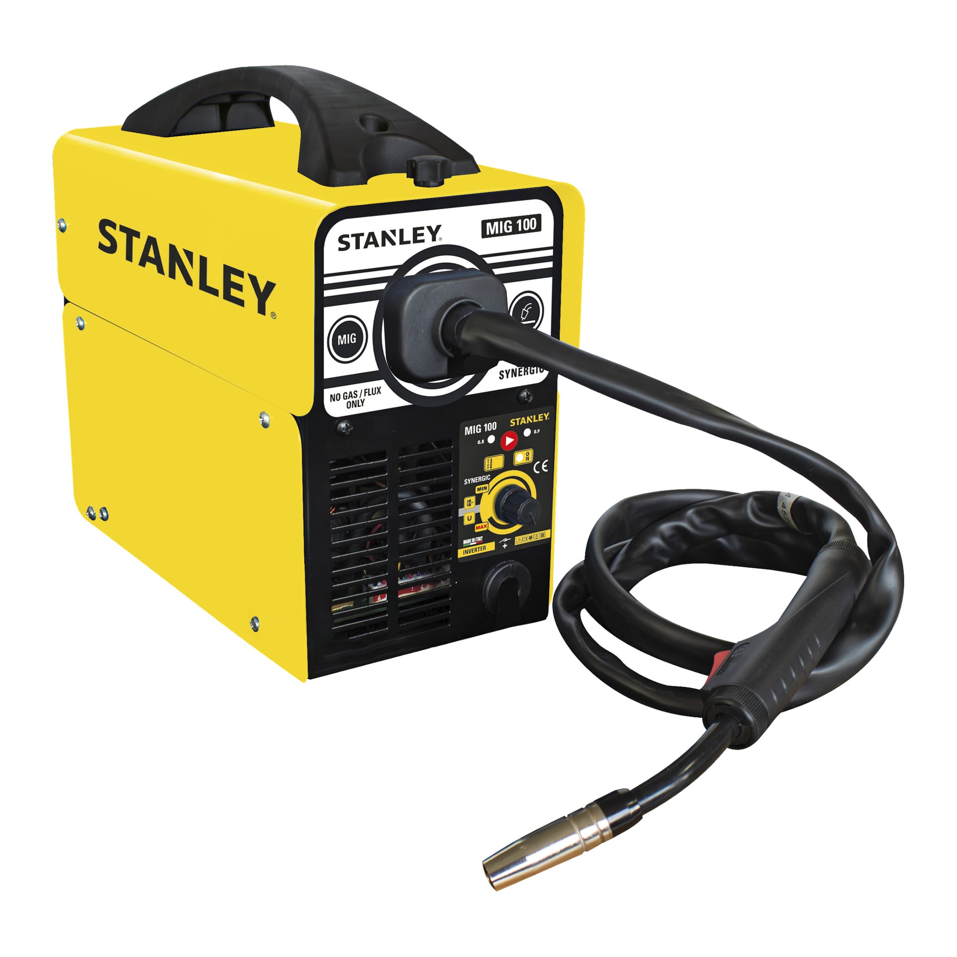Żółta spawarka Stanley MIG 100 Kit z napisem "Stanley" z boku, czarną rączką, panelem sterowania, kablem spawalniczym i palnikiem. Przód zawiera kilka przełączników, etykiety z napisem typu "MIG 100 KIT" oraz otwory wentylacyjne.