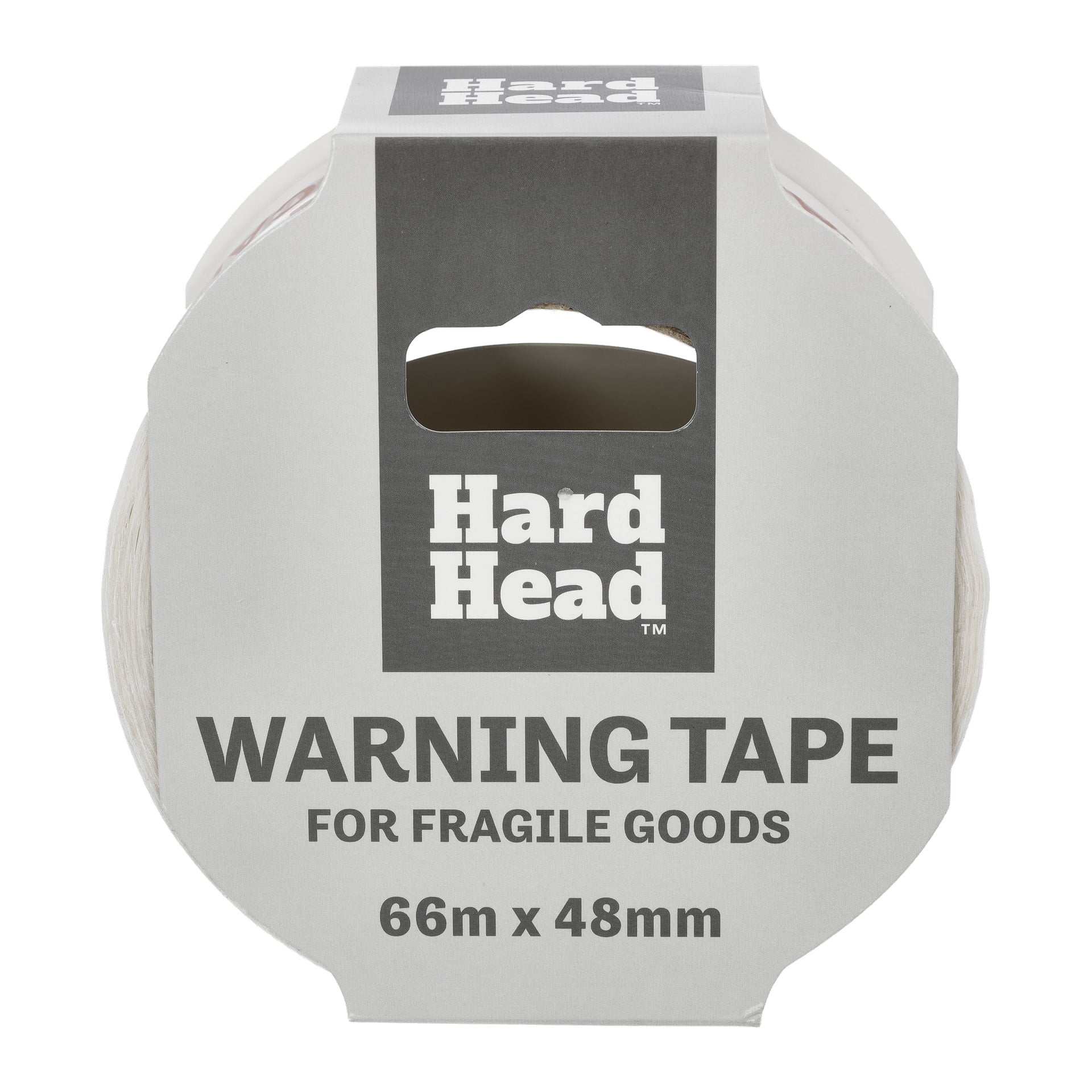 En rulle Hard Head Warning-tejp märkt "fragile goods", med måtten 66 m x 48 mm, finns i förpackningen med en gråvit design.