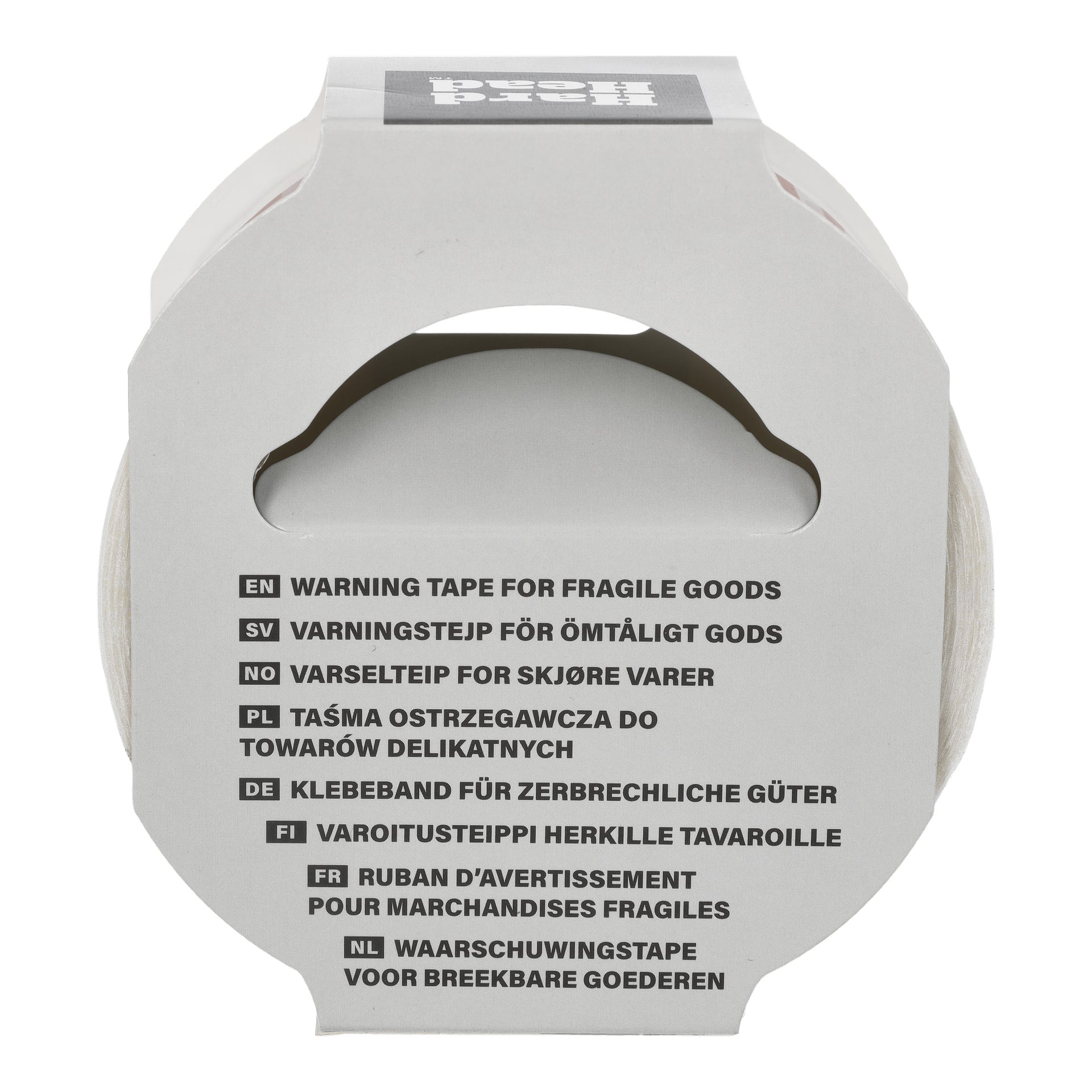 En rulle Hard Head Warning Tape för ömtåliga varor i förpackning med handtag, märkt med svart text där det står: "Varning - Sköra varor.".