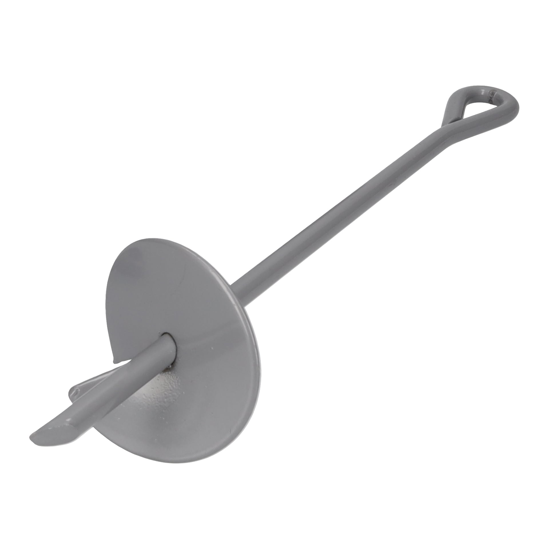 Ett metallankare med en platt, cirkulär bas, spetsig spets och en övre ögla för att säkra föremål; Vrider sig lätt ner i marken.