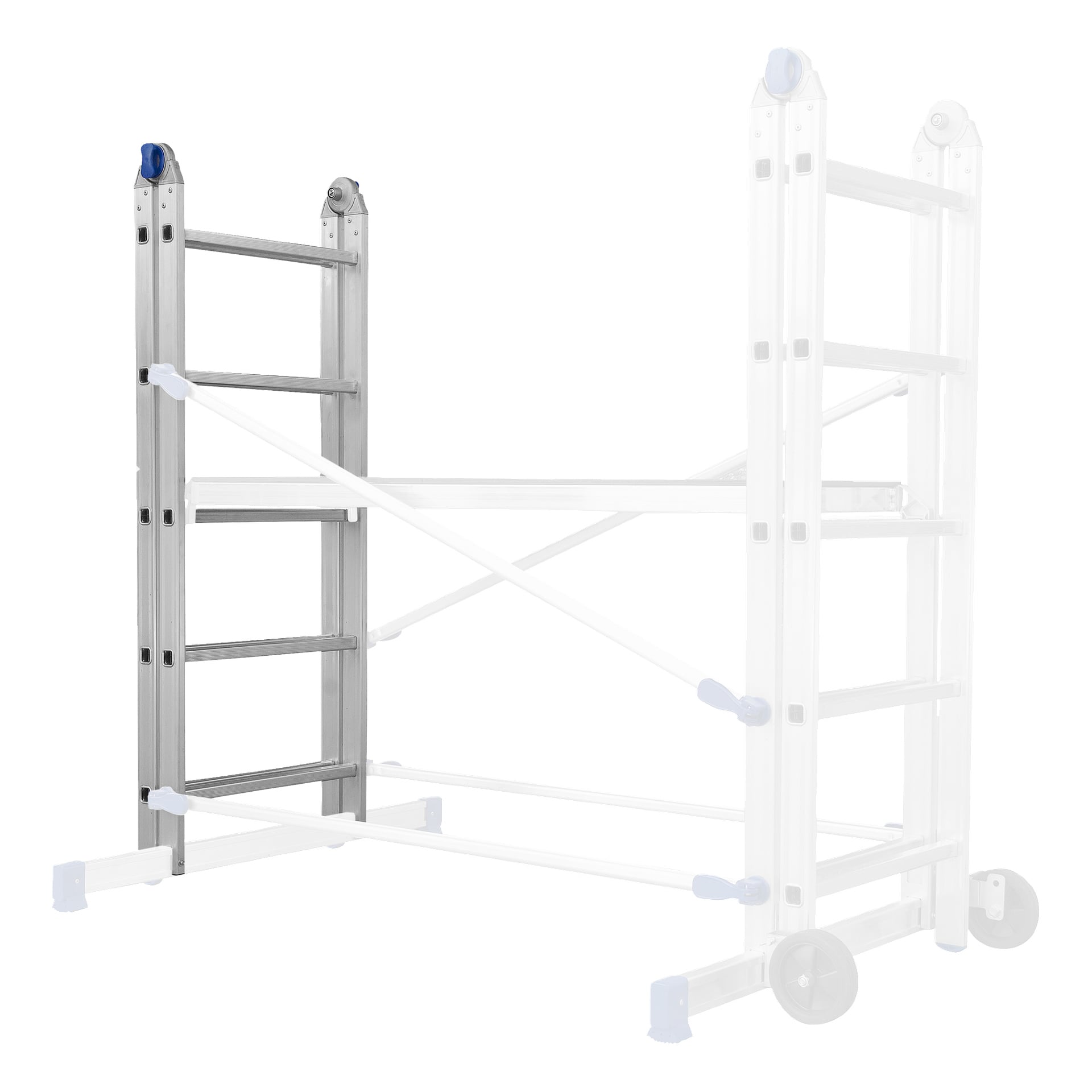 Stegram F. 340170 är delvis förlängd i en A-ram med transparenta överlägg, blå säkerhetslås och två hjul på ena sidan.