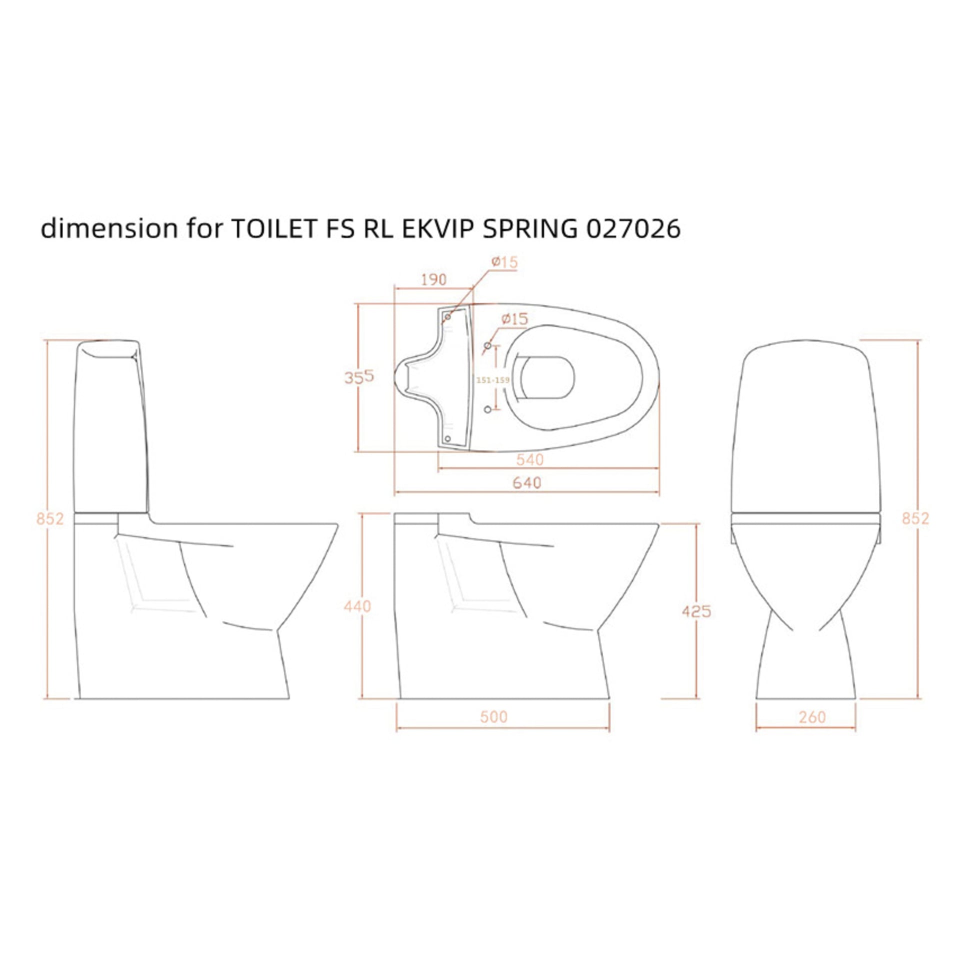 En teknisk ritning visar fyra olika vyer av en toalett, där varje vy innehåller precisa mätningar i millimeter såsom höjd 852, bredd 370 och djup 640. Diagrammet har titeln "Dimension för toalett EKVIP FJÄDER 027026" högst upp.