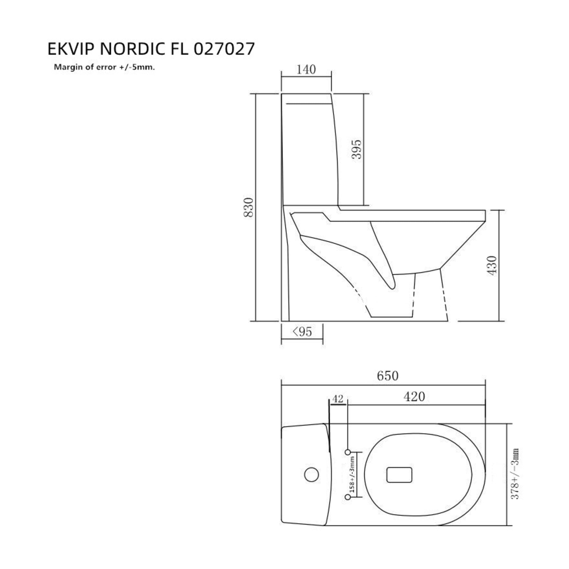 Diagram som illustrerar en EKVIP-toalett, med detaljerade mätningar i millimeter för höjd, bredd och djup, visade både från sid- och uppifrånperspektiv. Modellnumret EKVIP NORDIC FL 027027 finns högst upp.