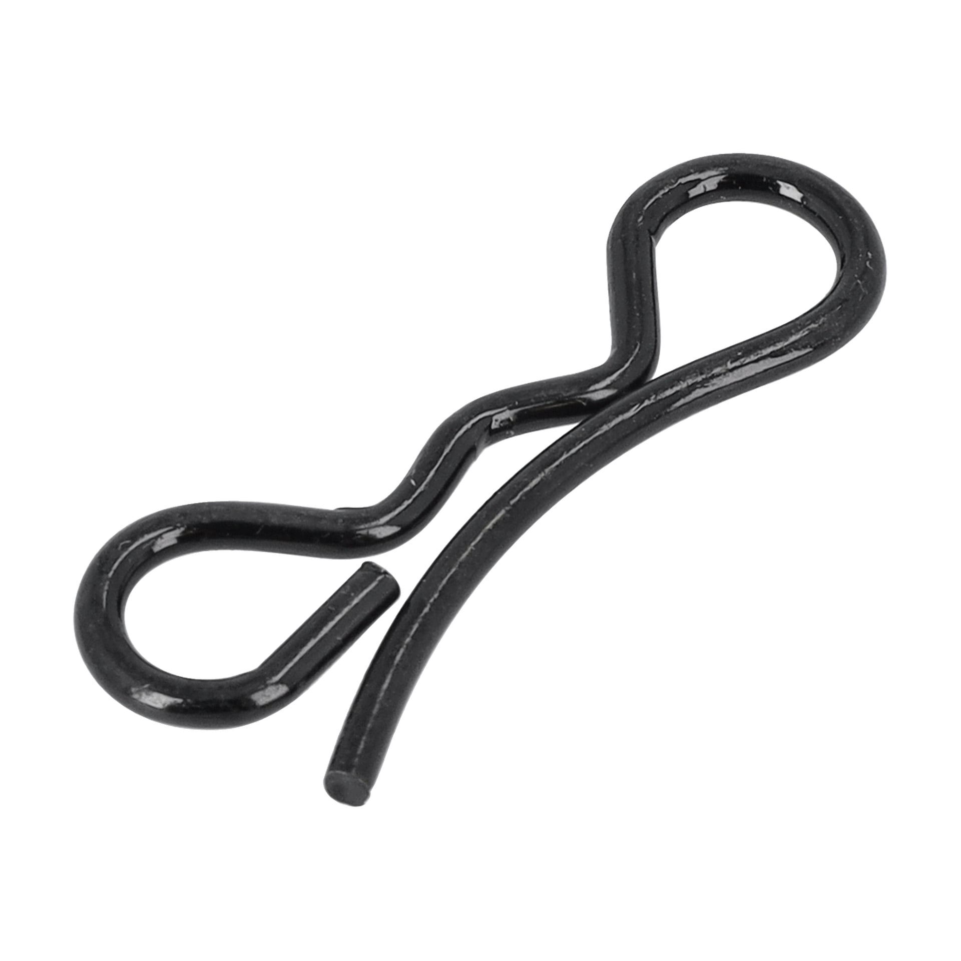 Svart metall R-klämma eller dragstift för broms, med en böjd design och en öglad ände.