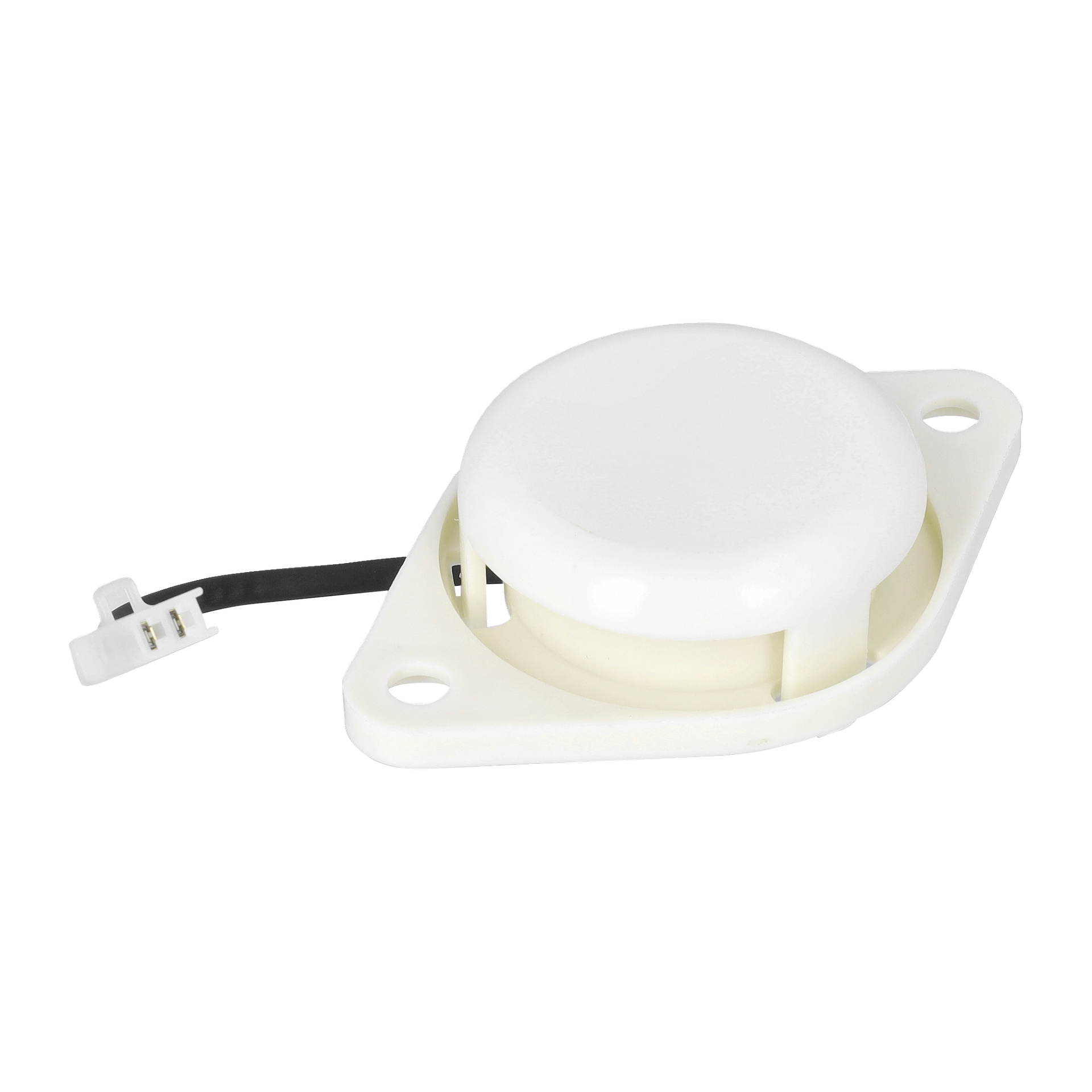 En vit plastsäkerhetsbrytare för sätet har en rundad topp, oval bas med två skruvhål och en svart ledning med vit kontakt.