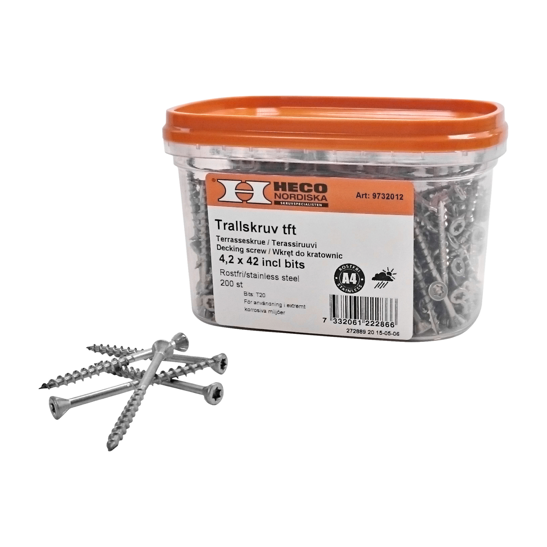 En plastbehållare för 200 paket med Heco Decking-skruvar, storleken 4,2 x 42 mm, med flera skruvar i rostfritt stål och en skruvmejsel placerad framtill.