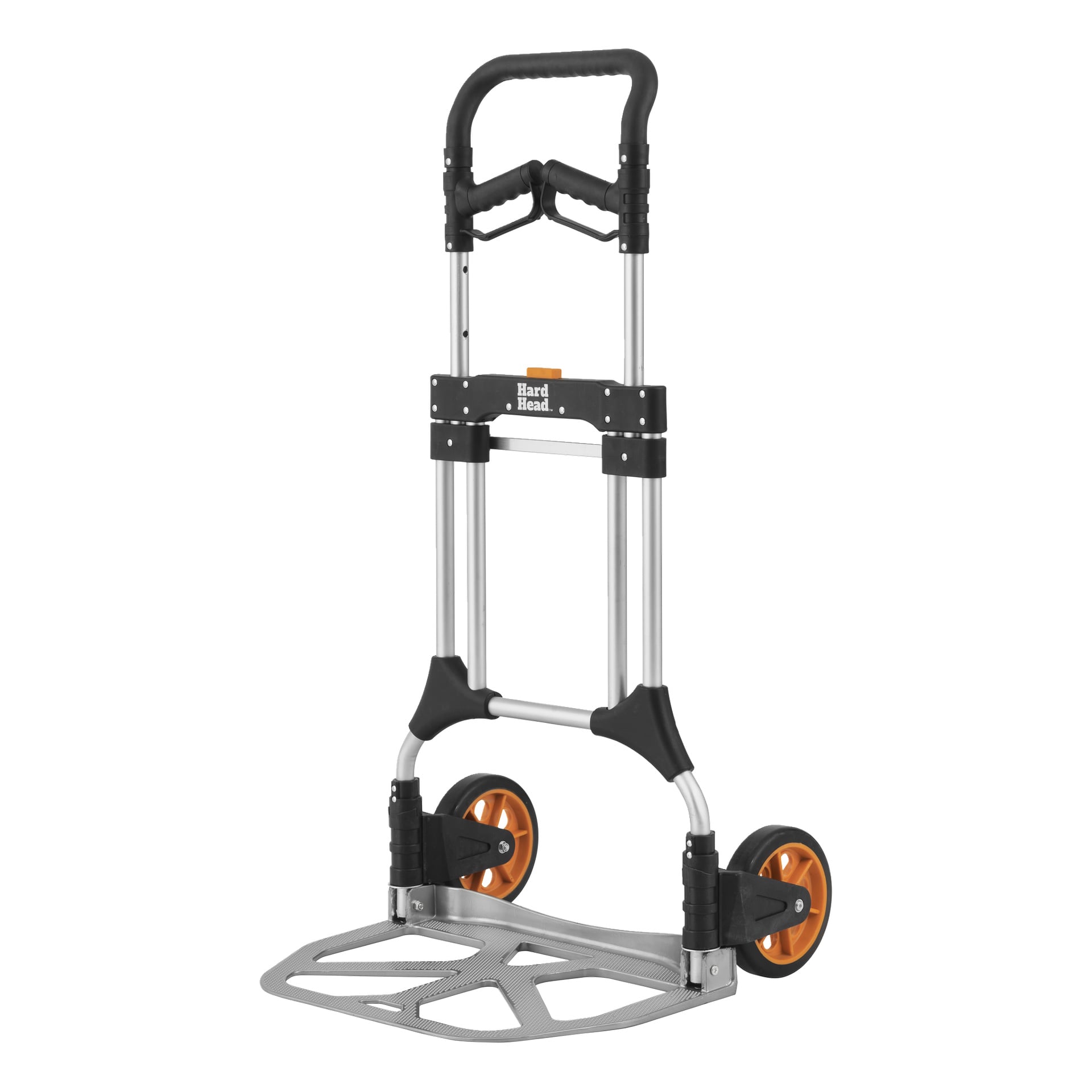"Hard Head Folding sack barrow" visas med en metallram, två stora orange och svarta hjul, ett svart handtag och en förlängd silverplattform. Handtaget är i upprätt position.