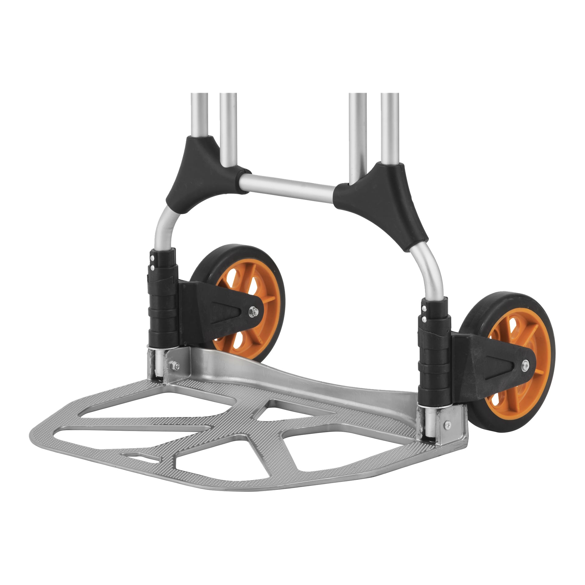 En närbild på Hard Head Foldable säckbarrbas och hjul, med orange hjul, en silverplattform och svarta stödkonsoler. Den synliga texten på produkten lyder "Hard Head".