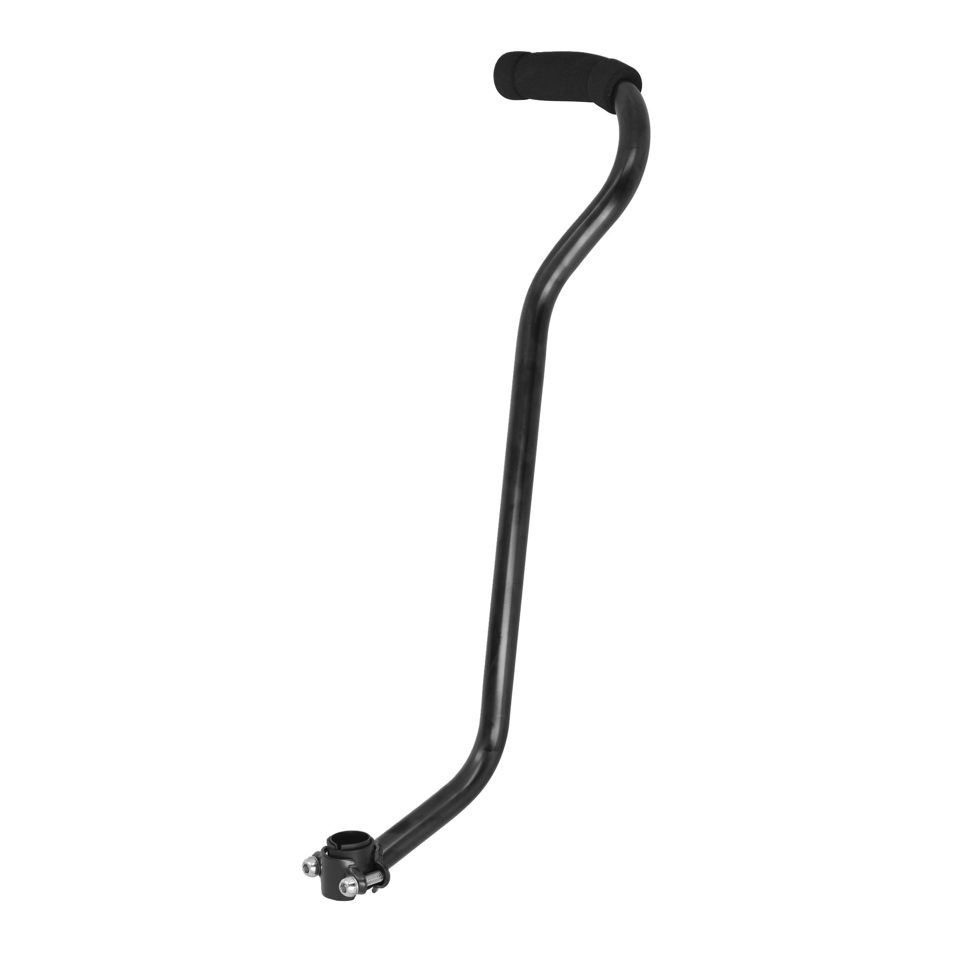 Et Kayoba-styre for en barnesykkel, designet med en buet svart metallstruktur, skumgrep i den ene enden og en monteringsbrakett med bolter i motsatt ende.