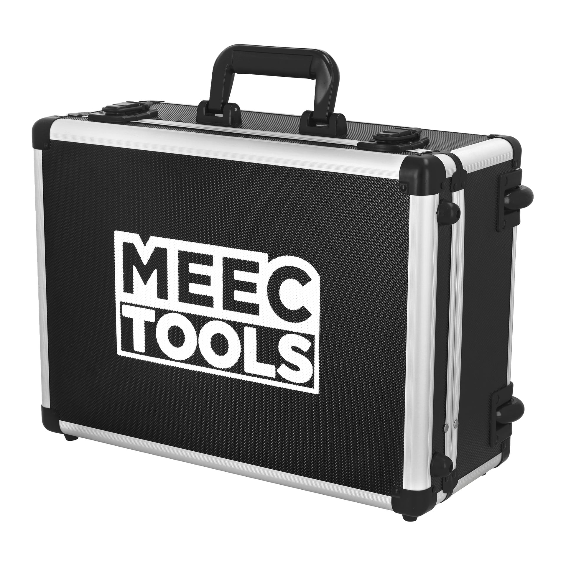 Czarno-srebrna futerałka Meec Tools z kółkami, rączką i białym napisem "MEEC TOOLS" z przodu, mieszcząca 139 elementów.