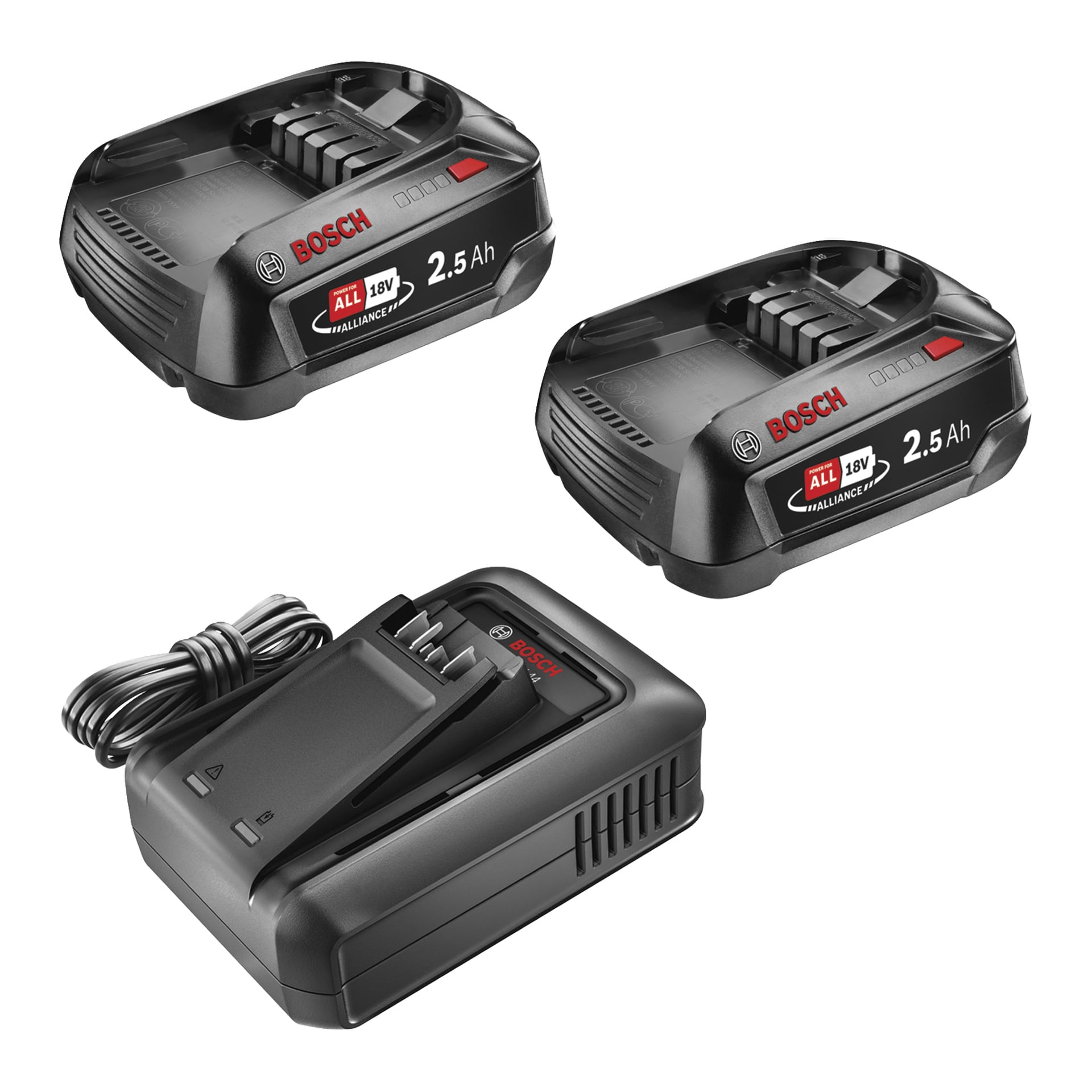 Bosch Power 4 All Batteries + Charger Starter Set, jossa on kaksi 18V 2,5Ah ladattavaa akkua sekä laturi virtajohdolla.