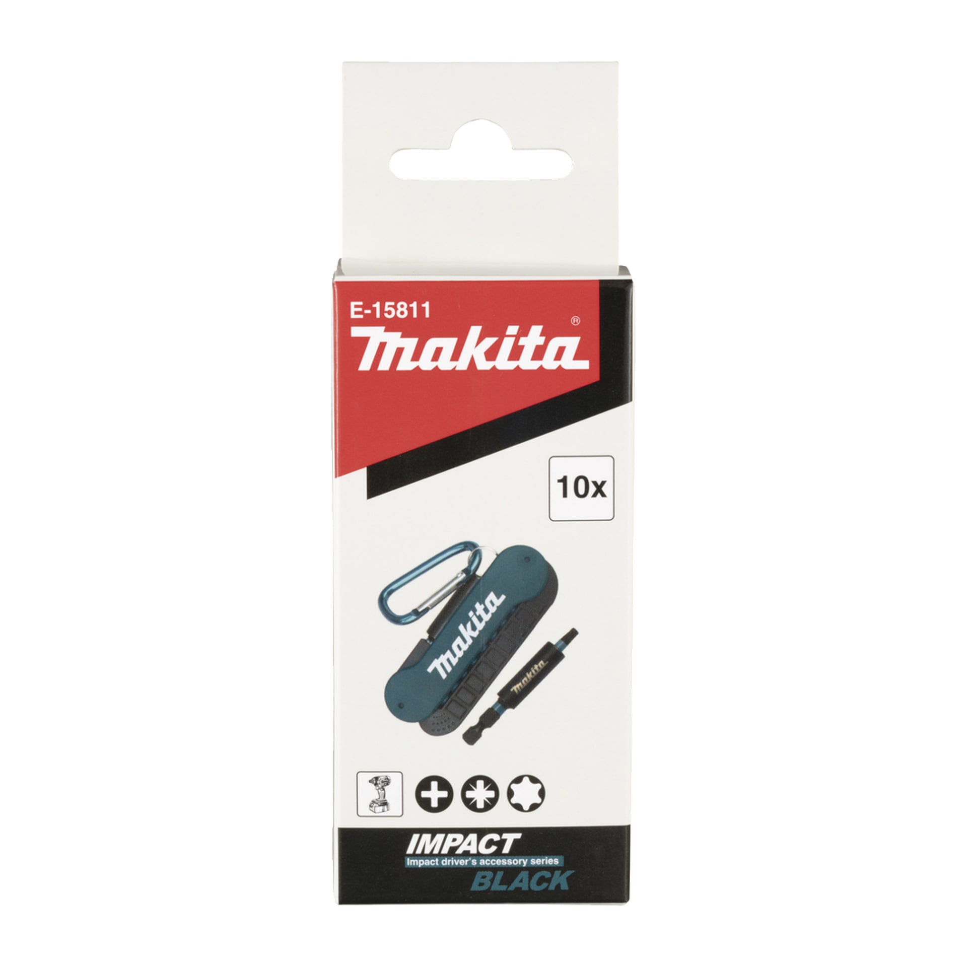 Makita Bit Set E-15811 10-delat slagdrivartillbehör visas i förpackningen. Lådan har Makita-logotypen, en bild som visar en bitshållare, flera bitar, en karbinhake och kompatibilitetsikoner.