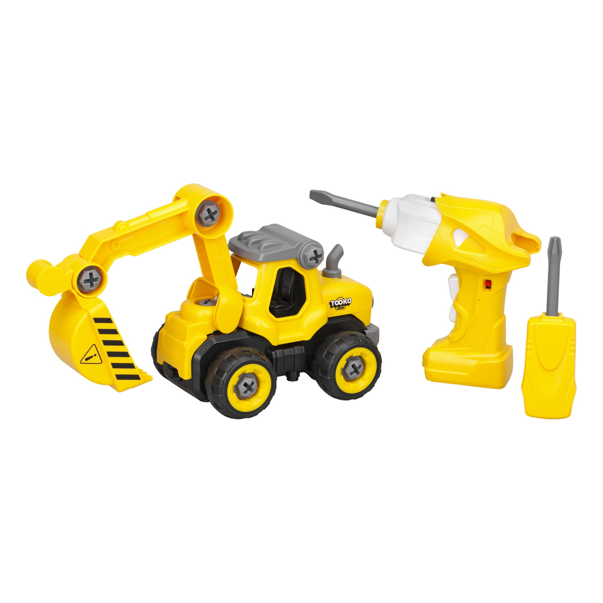 "Silverlit Radio-controlled excavator 26 pieces" visas med en gul leksaksborr och skruvmejsel. Grävmaskinen har svarta hjul, en rörlig arm och synliga skruvar på hjul och kaross.