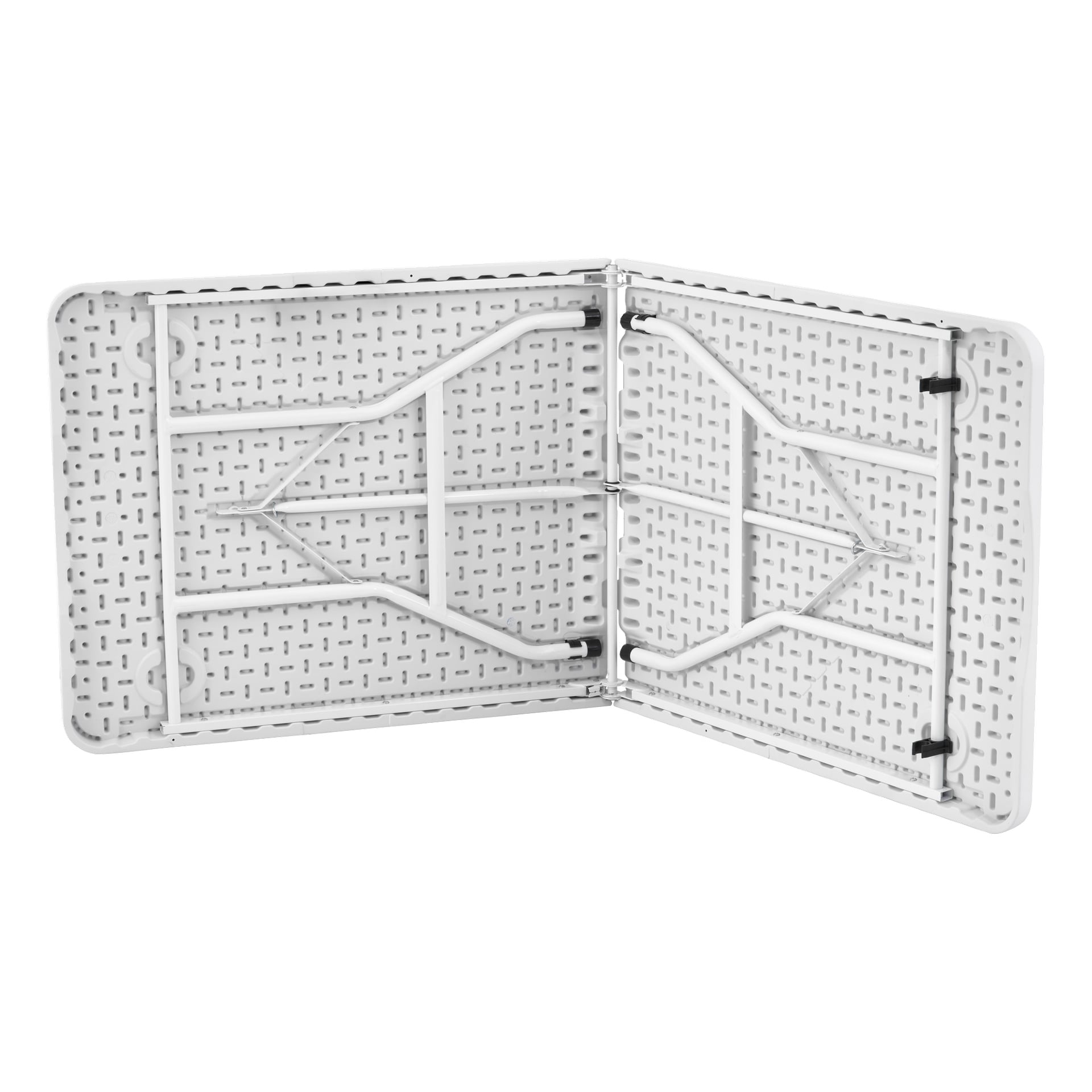 Ett vitt plastbord är delvis öppet, med sina metallben instoppade inuti och svarta klämmor som håller ihop delar av ramen.