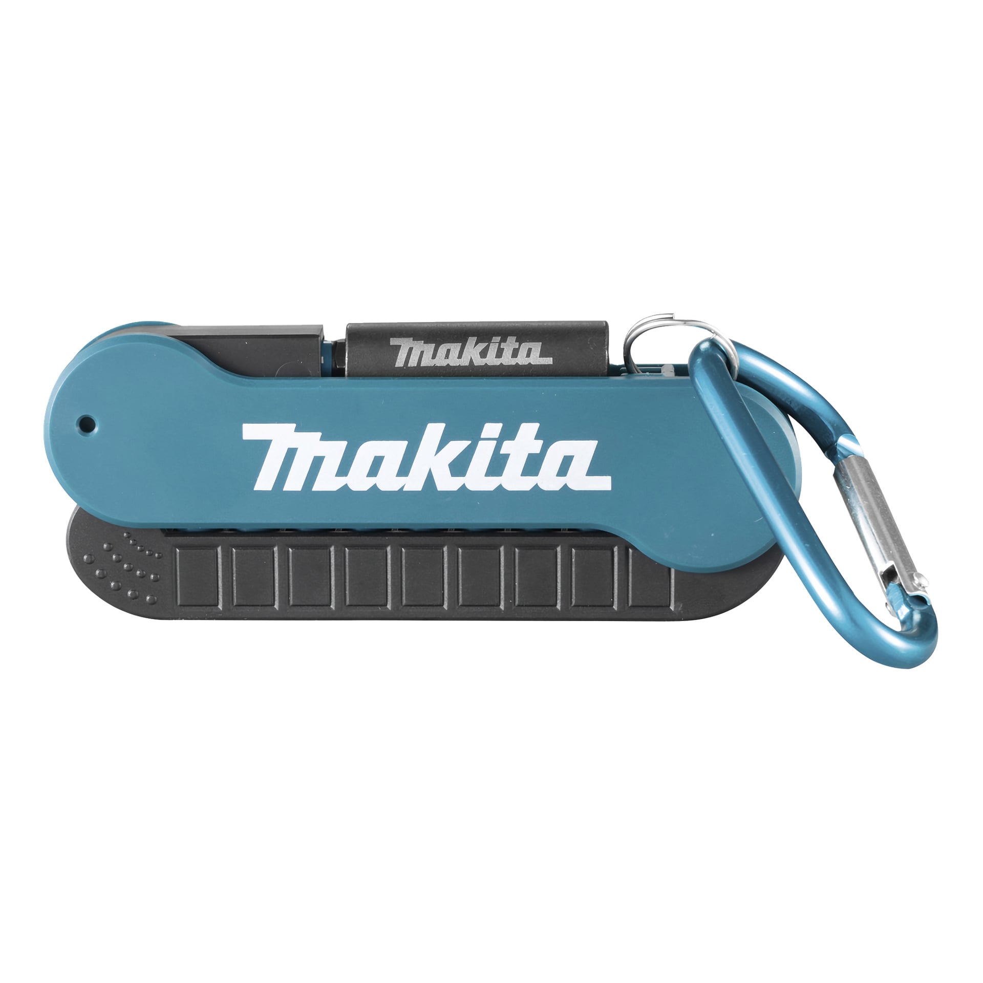 En blå Makita-borrbit med E-15811 med svart handtag och en silverfärgad karbiner fastklämd på ena sidan. Sidan av setet visar tydligt Makitas logotyp.