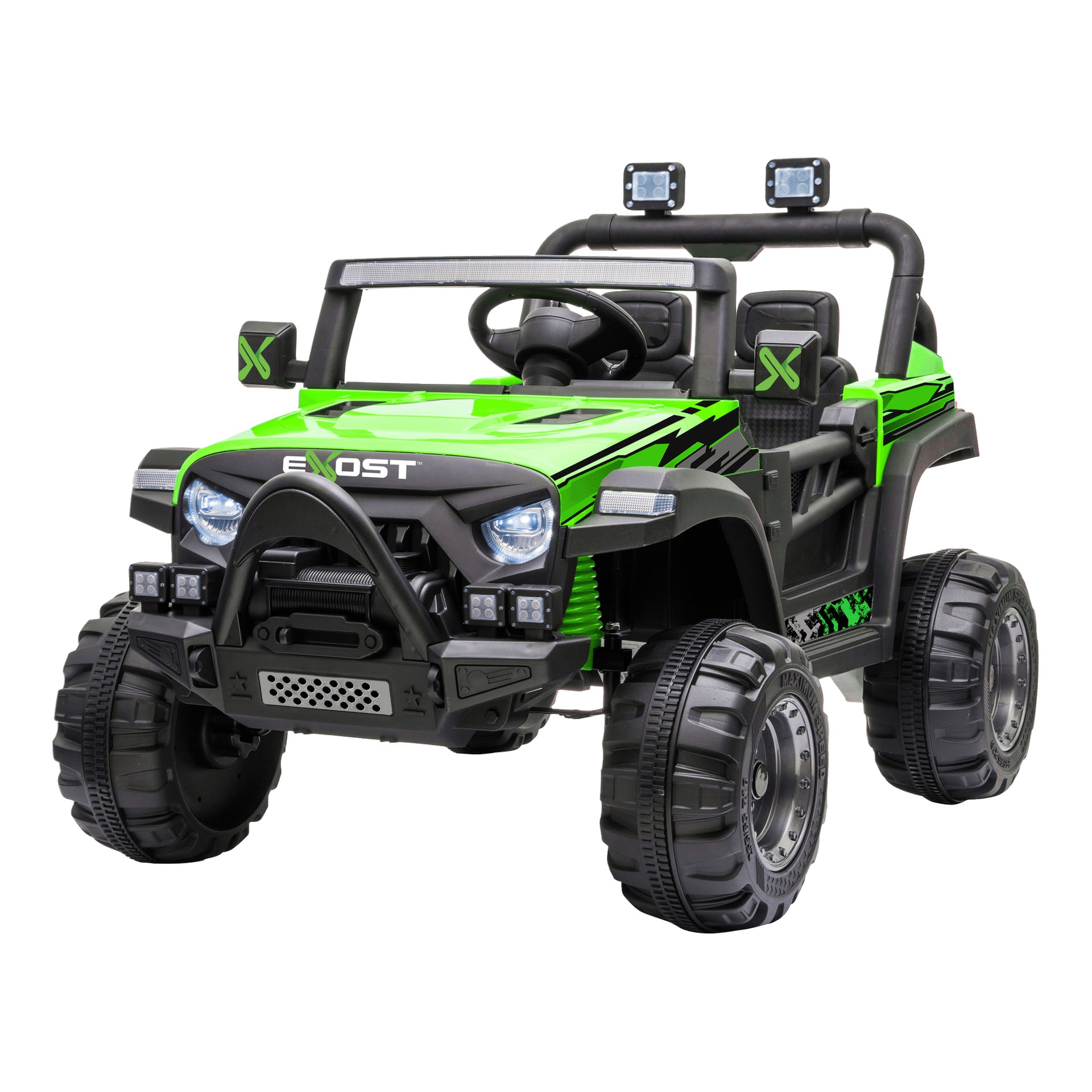 Vihreä-musta Exost ERO Jeep -akkukäyttöinen auto lapsille, suunniteltu maastoautoksi, jossa on suuret renkaat, etuvalot, sivupeilit ja kaksi katolle asennettua spottivaloa.