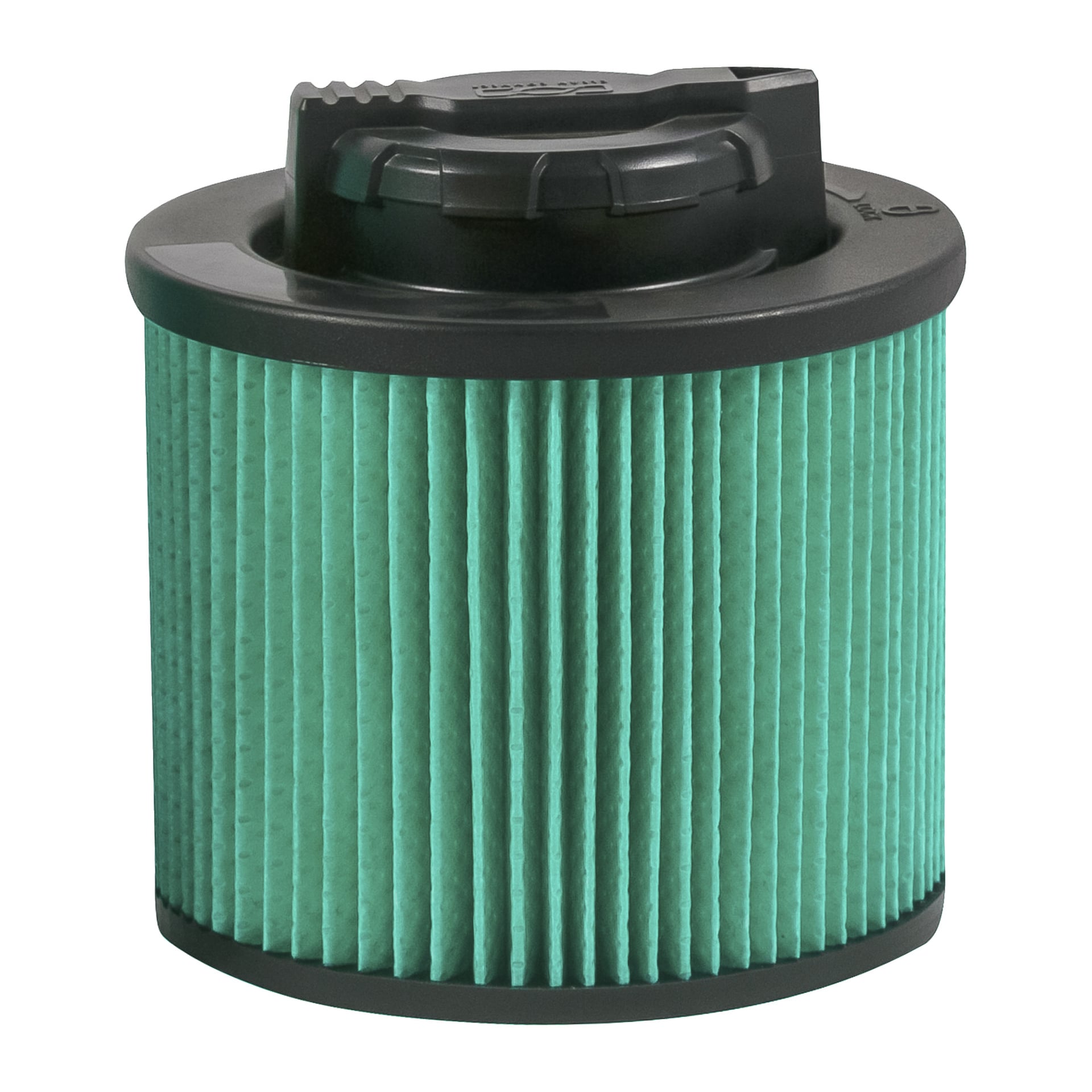 Ett grönt veckat cylindriskt HEPA-luftfilter med svarta plaständlock och ett texturerat grepp, en del av DeWalts Accessory Set för kraftiga dammsugare (DXVA19-0503E).