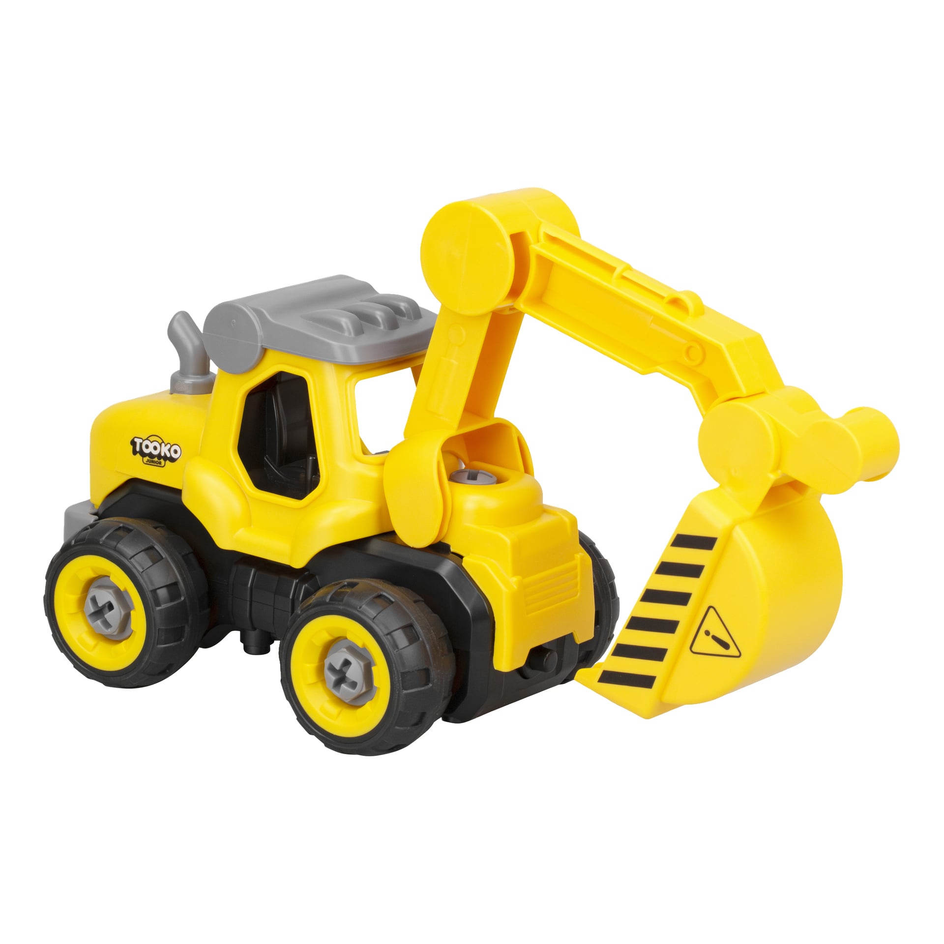 Silverlit Radio-controlled excavator 26 pieces är en gul och svart plastleksak med grått tak och hjul. Den har en rörlig arm och en hink dekorerad med svarta ränder och en varningssymbol med texten "CAUTION".