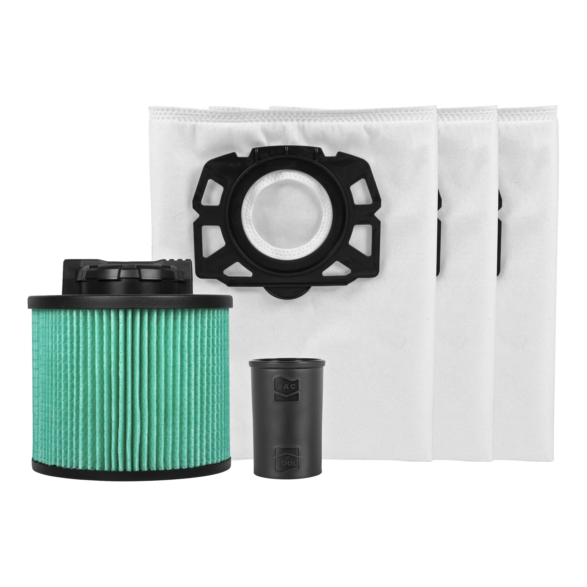 DeWalt Accessory Set HEPA för kraftiga dammsugare DXVA19-0503E består av fem delar: tre vita vakuumpåsar, ett grönt veckat HEPA-filter i rund form, en svart plastfilterhållare och ett svart munstyckefäste.