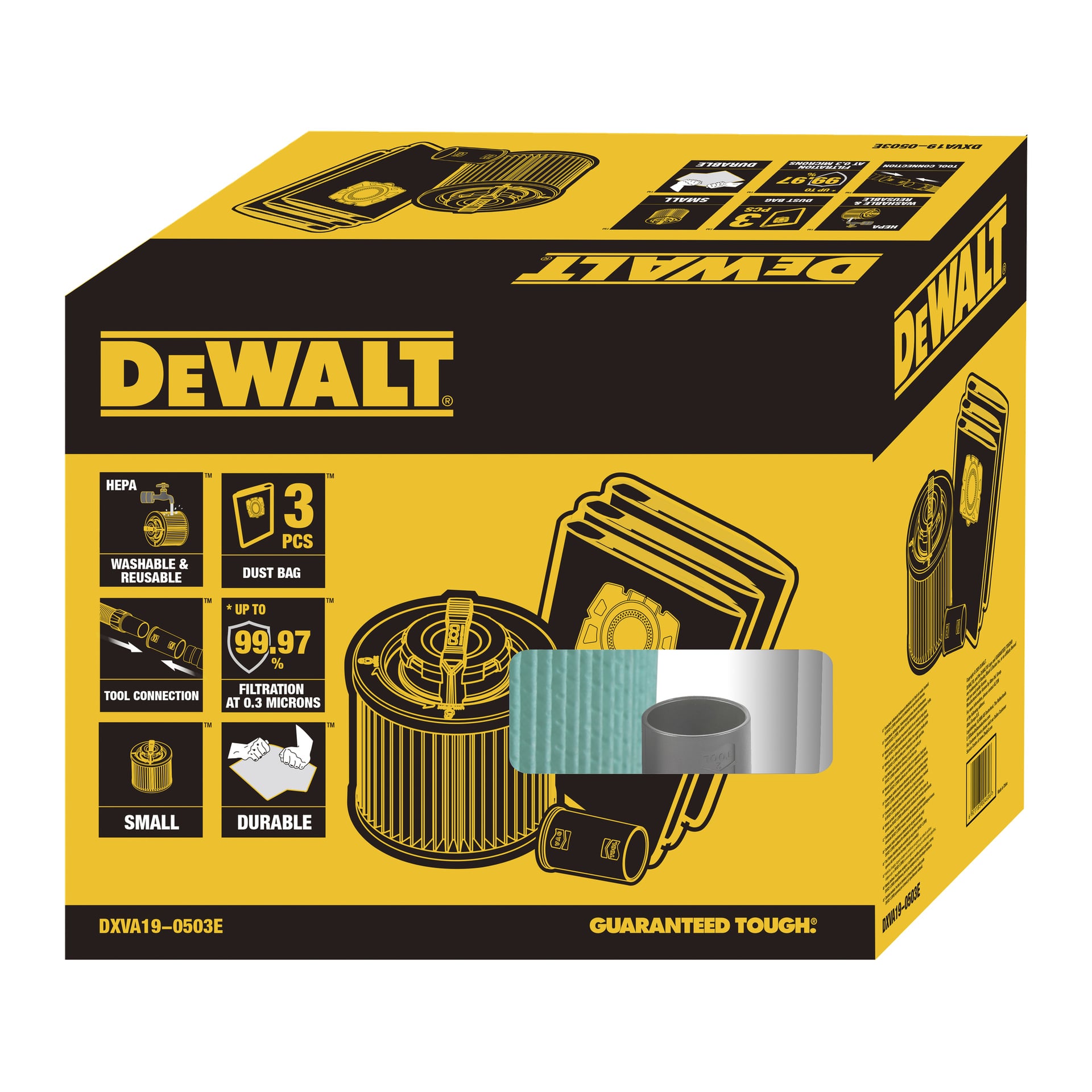 En gul och svart DeWalt-låda visar HEPA Accessory Set för kraftiga dammsugare DXVA19-0503E, som innehåller fem delar såsom tvättbara och återanvändbara filter, dammpåsar, en kompakt design och erbjuder 99,97 % HEPA-filtrering.