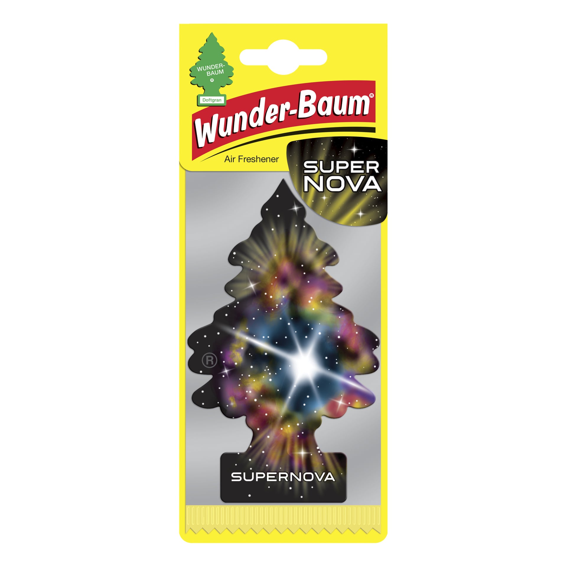 Wunder Baum Supernova -ilmanraikastin puun siluetissa, koristeltu kosmisella motiivilla, johon kuuluu elävä tähtipurkaus ja värikkäät, värikkäät galaksikuvat.
