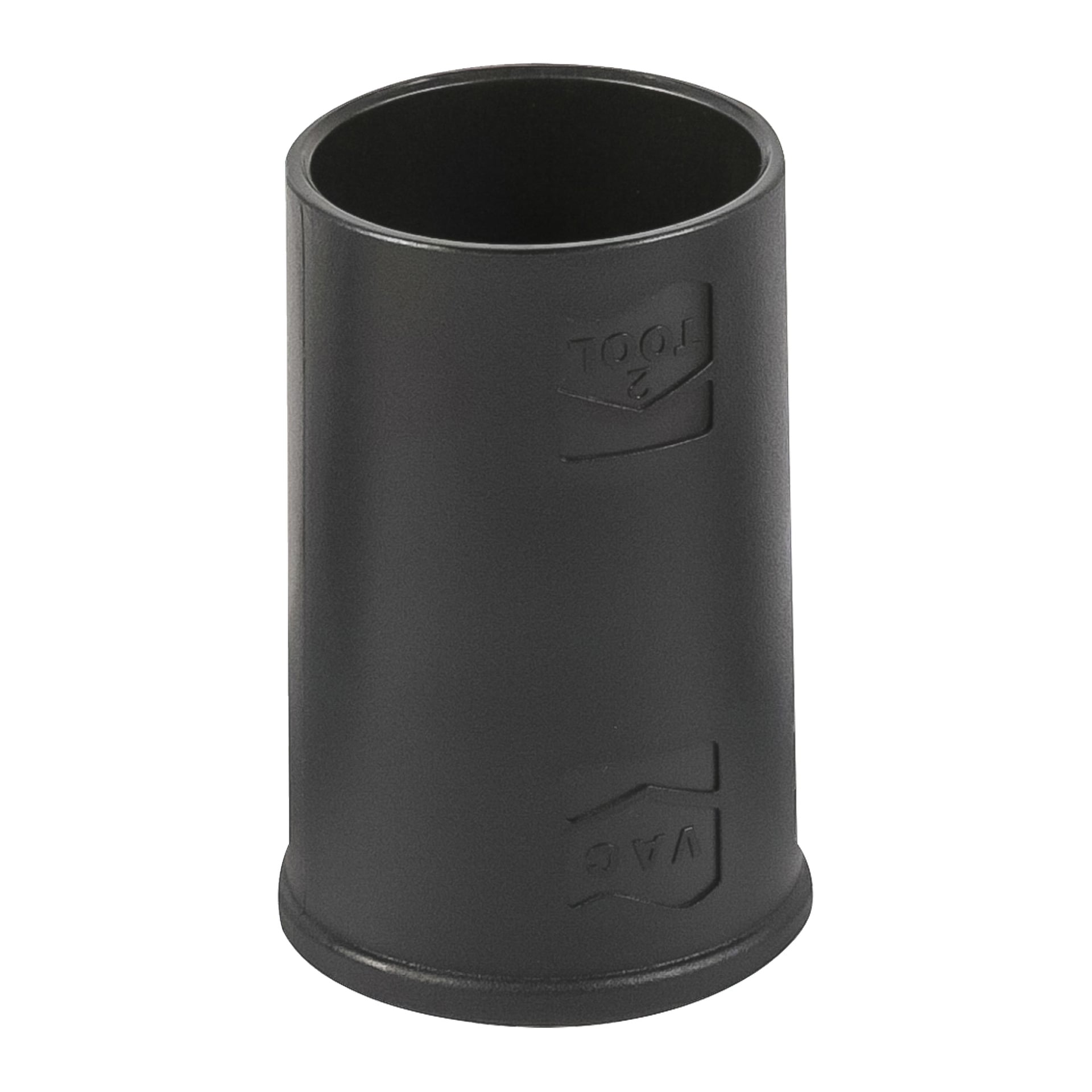 En svart plastcylinderadapter från DeWalt Accessory Set HEPA för kraftiga dammsugare (DXVA19-0503E), med en utvidgad bas och upphöjda "TOOL"- och "VAC"-märkningar, där varje pilar pekar bort från varandra; Denna ihåliga kontakt är avsedd för att fästa slangar eller verktyg.