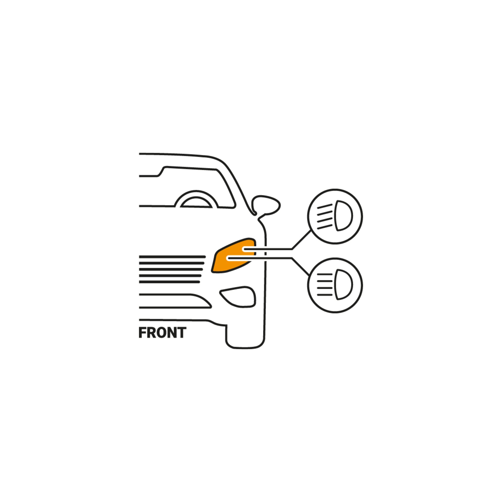 Illustration av en bils front med blinkersen markerad i orange och Xenon D3S-strålkastaren i vitt, båda markerade med märkta pilar. Ordet "FRONT" finns under.