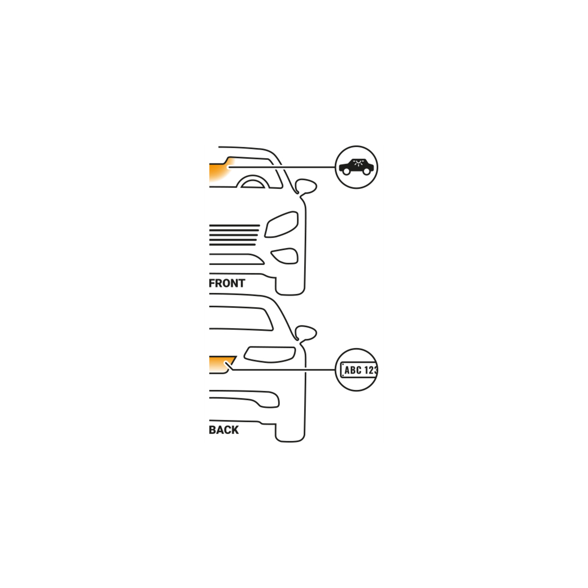 En illustration visar både fram- och baksidan av en bil. Framsidan har en nyckelsymbol, medan baksidan visar en Hamron Car-lampa C10W 2-pack placerad bredvid en registreringsskylt märkt ABC 123.