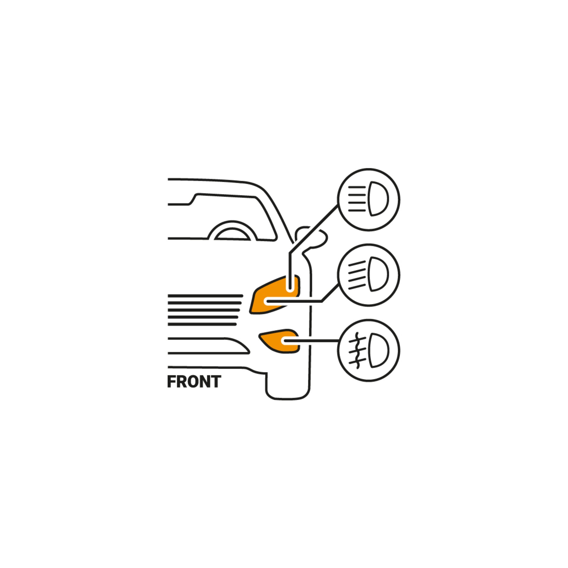 Diagram som visar framsidan av en bil med tre lampor betonade: strålkastare upptill (använder Hamron Halogen billampa H8), blinkers i mitten och dimljus längst ner. Varje lampa har sin egen ikon och etikett bredvid sig.