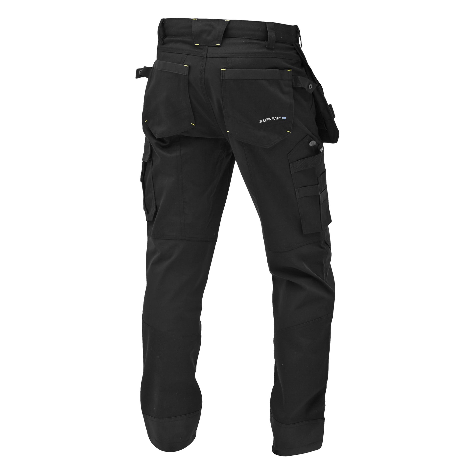 En bakifrån vy av Bluewears Rex herrarbetsbyxor, svarta i färgen med flera fickor, förstärkta sömmar, verktygsöglor och Bluewear-logotypen visad på bakfickan.
