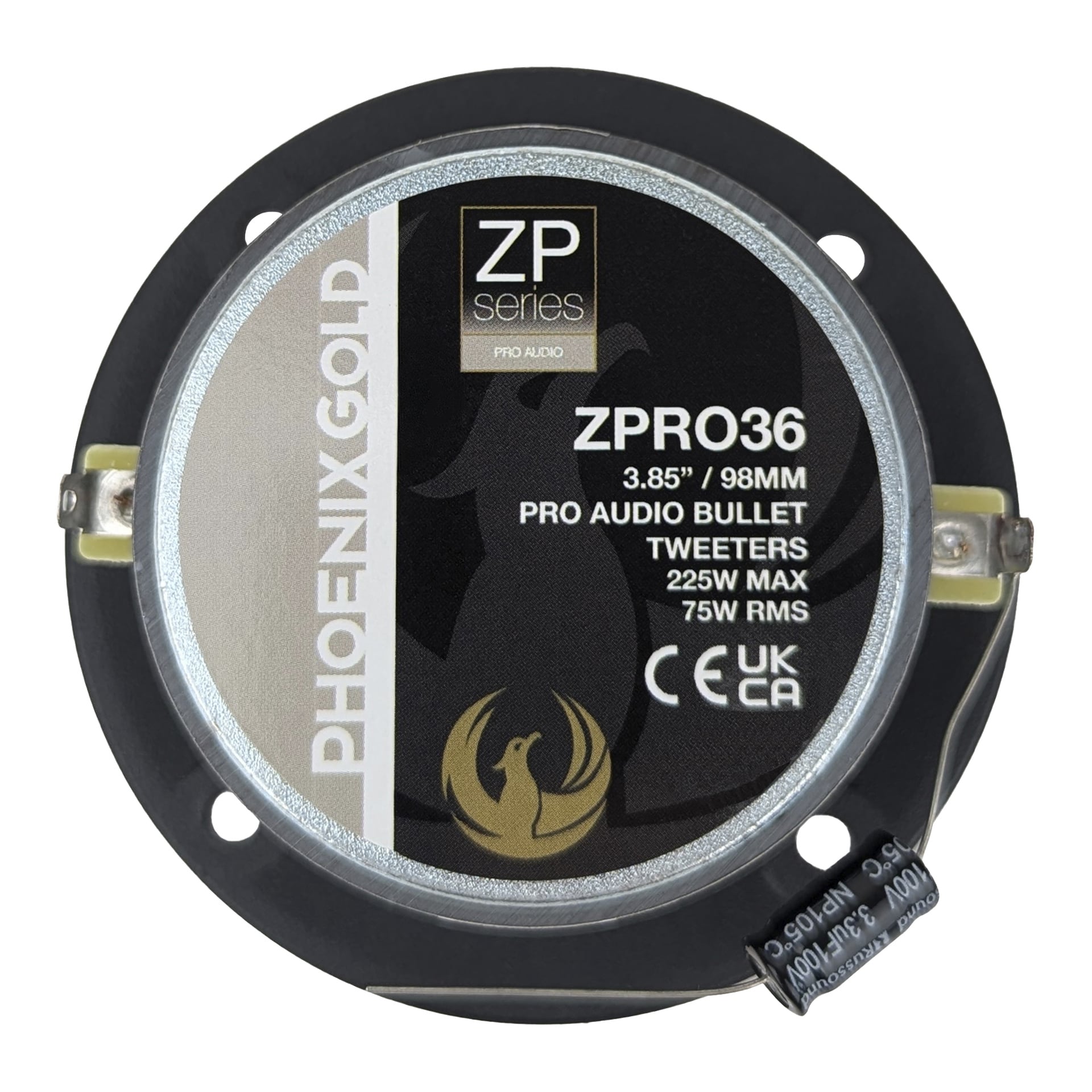 Ett par Phoenix Gold ZPRO36BT cirkulära bullet-diskanter, vardera 3,85 tum (98 mm) i diameter, som levererar upp till 225W maxeffekt och 75W RMS. Etiketten visar varumärkeslogotyper, modelldetaljer och certifieringssymboler mot en svart och silverfärgad design.