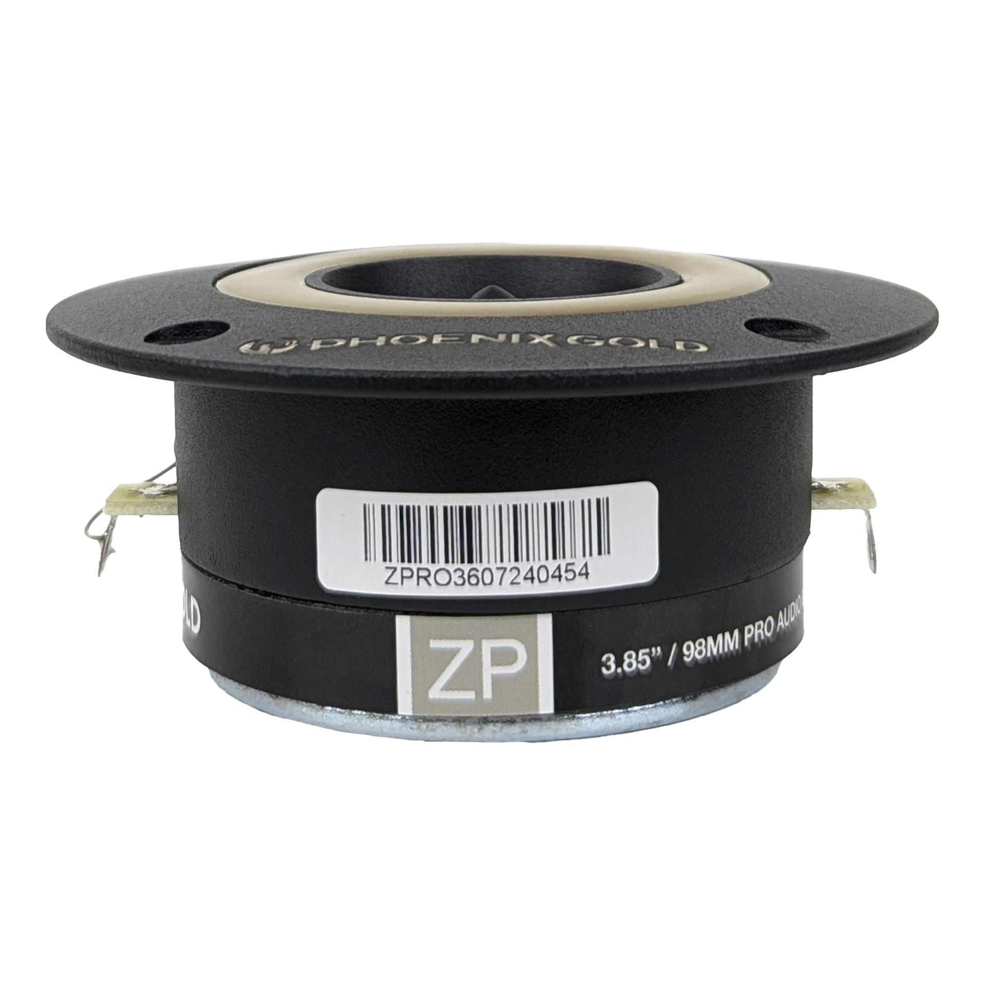 En detaljerad vy av en Phoenix Gold Diskant ZPRO36BT ljudkomponent från ett 2-pack, med etiketten "ZP 3.85 / 98MM PRO AUDIO" och en streckkodsklister märkt ZPRO3607240454 på framsidan. Det finns två metallterminaler synliga på varje sida.